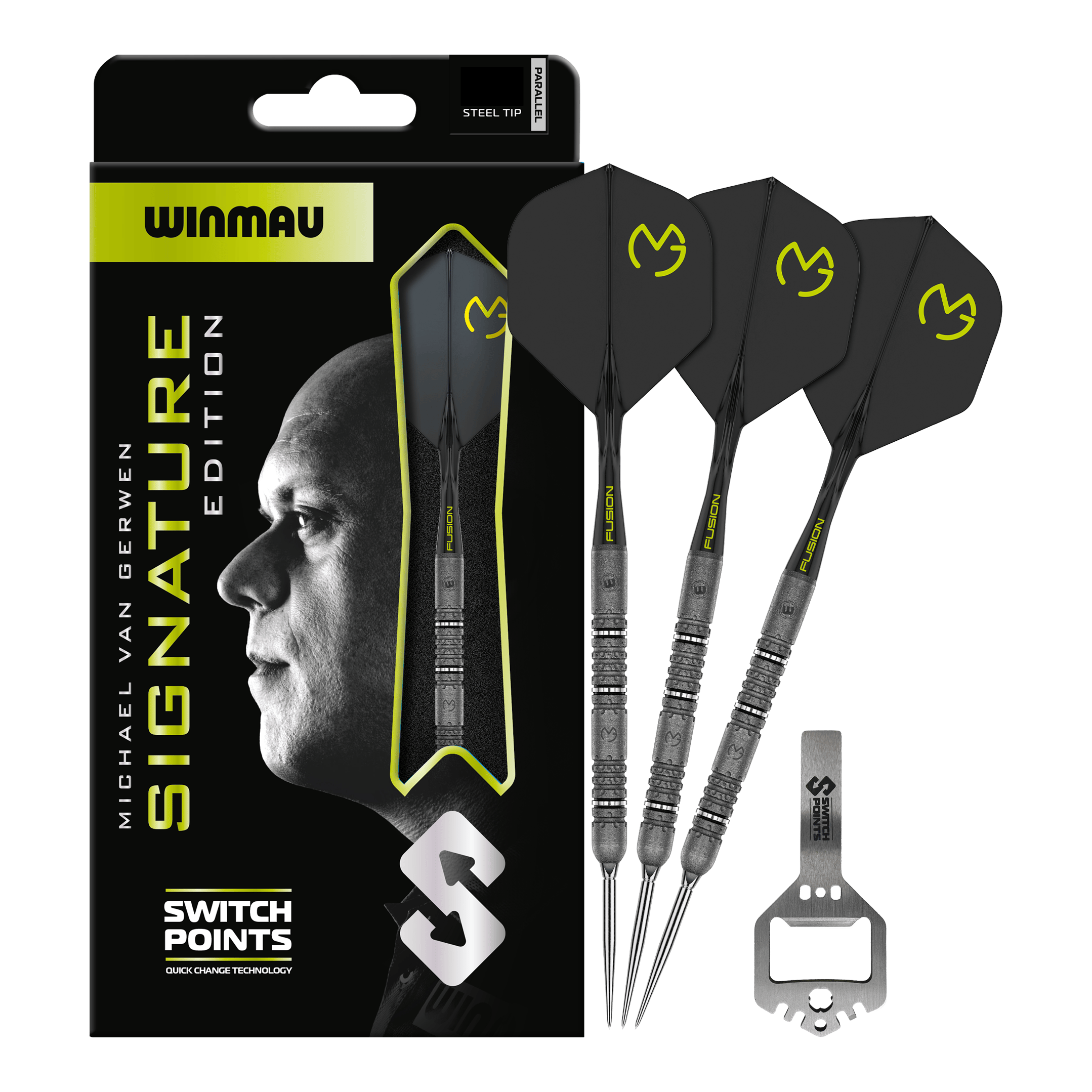 Winmau Michael van Gerwen Signature Edition Switch Points Steeldarts Das Bild zeigt die Winmau MvG Signature Edition Switch Points Steeldarts. Es handelt sich um hochwertige Steeldarts speziell für Profis und Sammler.