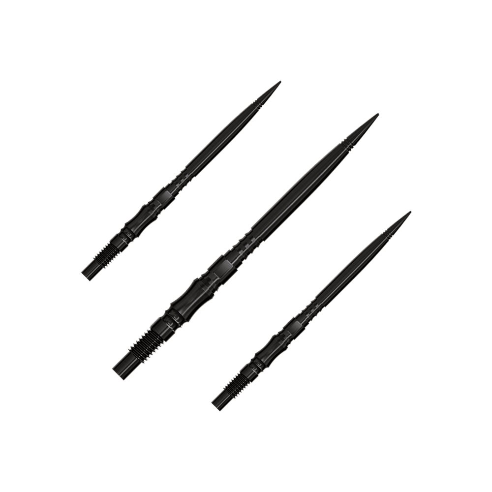 Harrows Quick Point Axis Elite Series Dartspitzen - Schwarz Axis Black Elite Series Dartspitzen in 35mm werden gezeigt. Die Spitzen sind schwarz und filigran.