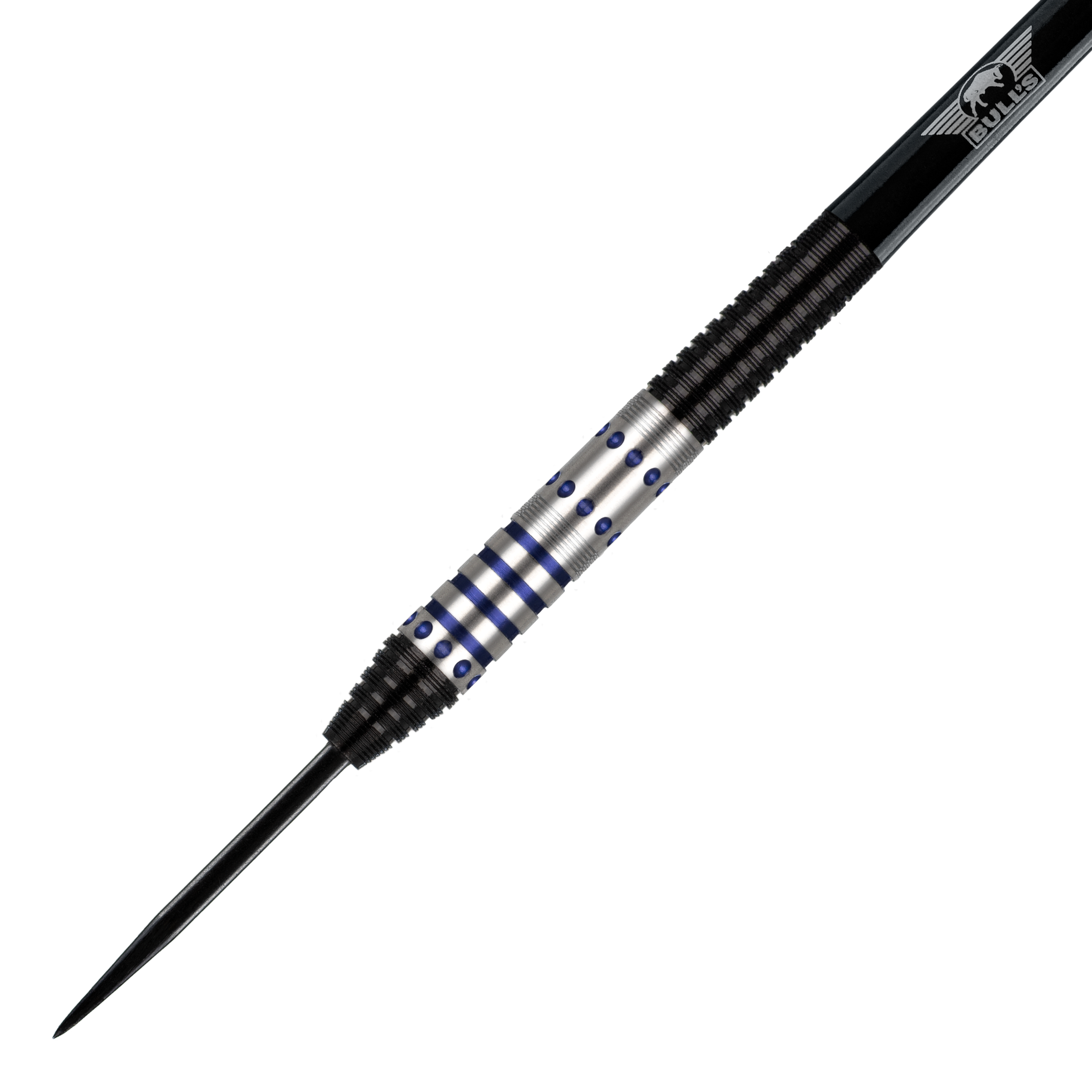 Bulls NL Richard Veenstra 90 Steeldarts - 23g Das Bild zeigt einen Steeldartpfeil, Modell "Bulls NL Richard Veenstra 90 Steeldarts - 23g". Der Dartpfeil hat ein silbernes Griffstück mit blauen Akzenten und schwarzen Rillen.