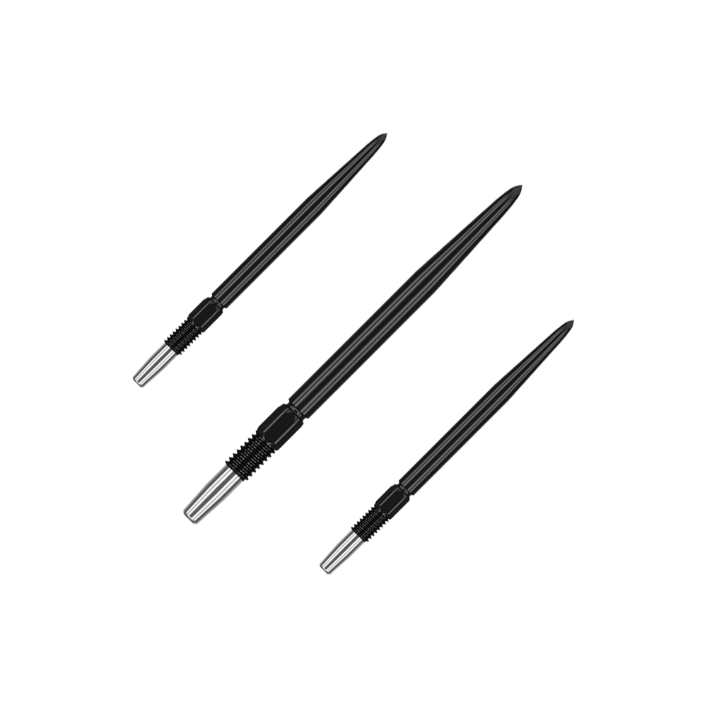 Target Swiss Point Black dart tips Das Bild zeigt drei schwarze Dartspitzen mit silbernen Gewinden. Sie sind nebeneinander auf grünem Hintergrund angeordnet.