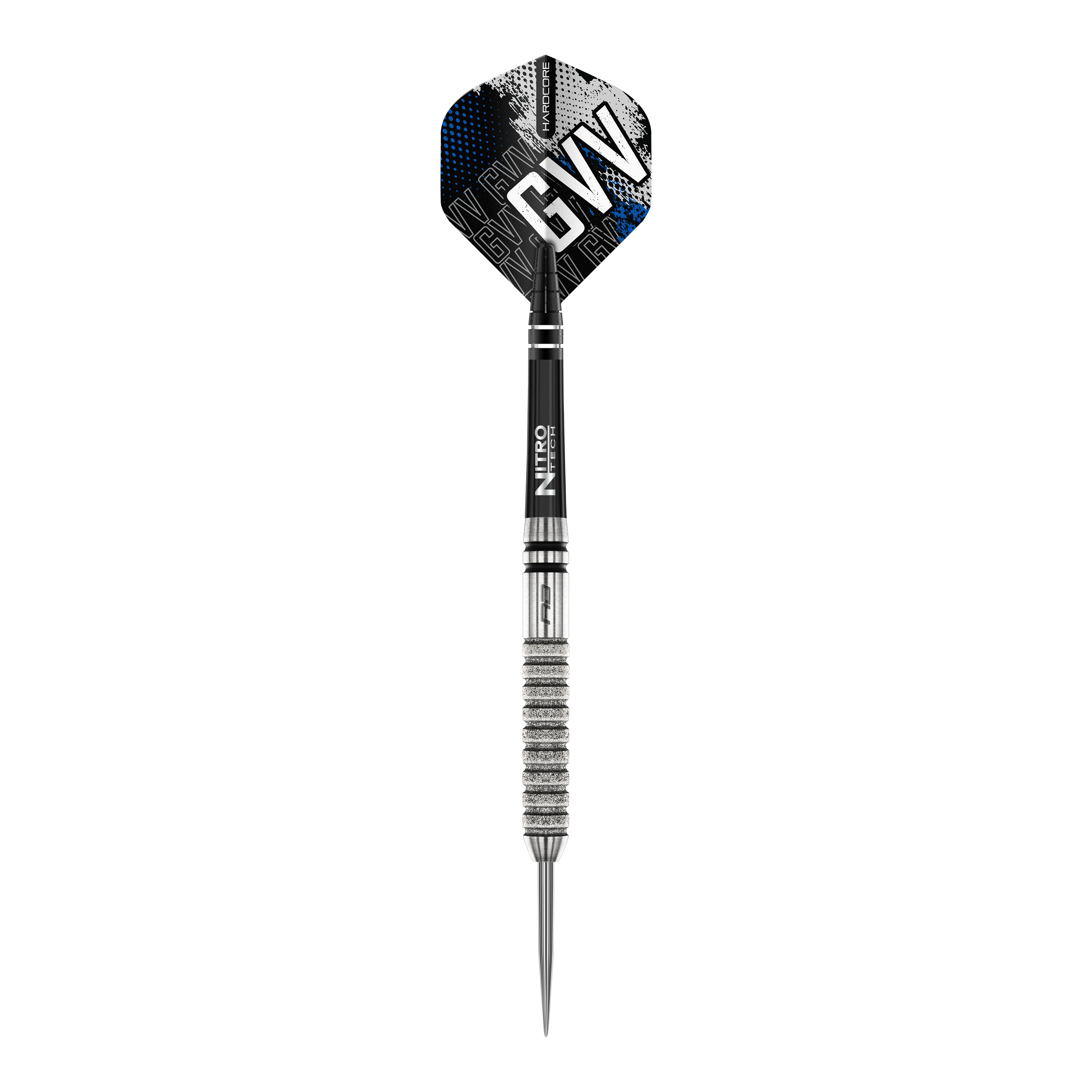 Red Dragon Gian Van Veen Tour Edition Steeldarts - 22g Das Bild zeigt einen Red Dragon Gian Van Veen Tour Edition Steeldart mit einem Gewicht von 22 Gramm. Der Dartpfeil hat ein silbernes, gerilltes Barrel und ein schwarzes Flight mit der Aufschrift „GVV“.