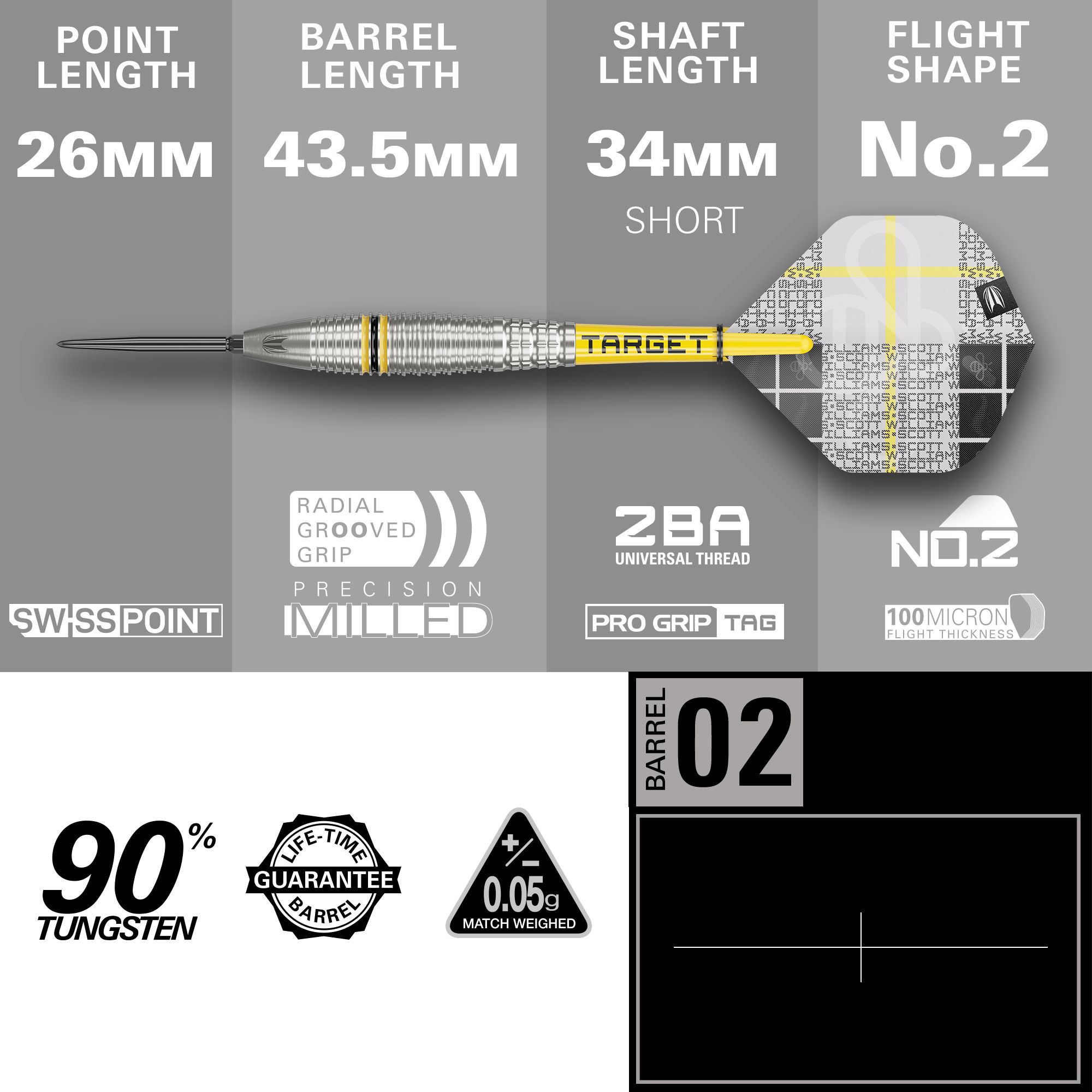Target Scott Williams GEN2 Swiss Point steel darts Das Bild zeigt den Target Scott Williams GEN2 Swiss Point Steeldart mit technischen Angaben zu den einzelnen Komponenten. Die wichtigsten Merkmale sind 26 mm Spitzenlänge, 43,5 mm Barrel-Länge, 34 mm Schaftlänge und 90 % Tungsten-Anteil.