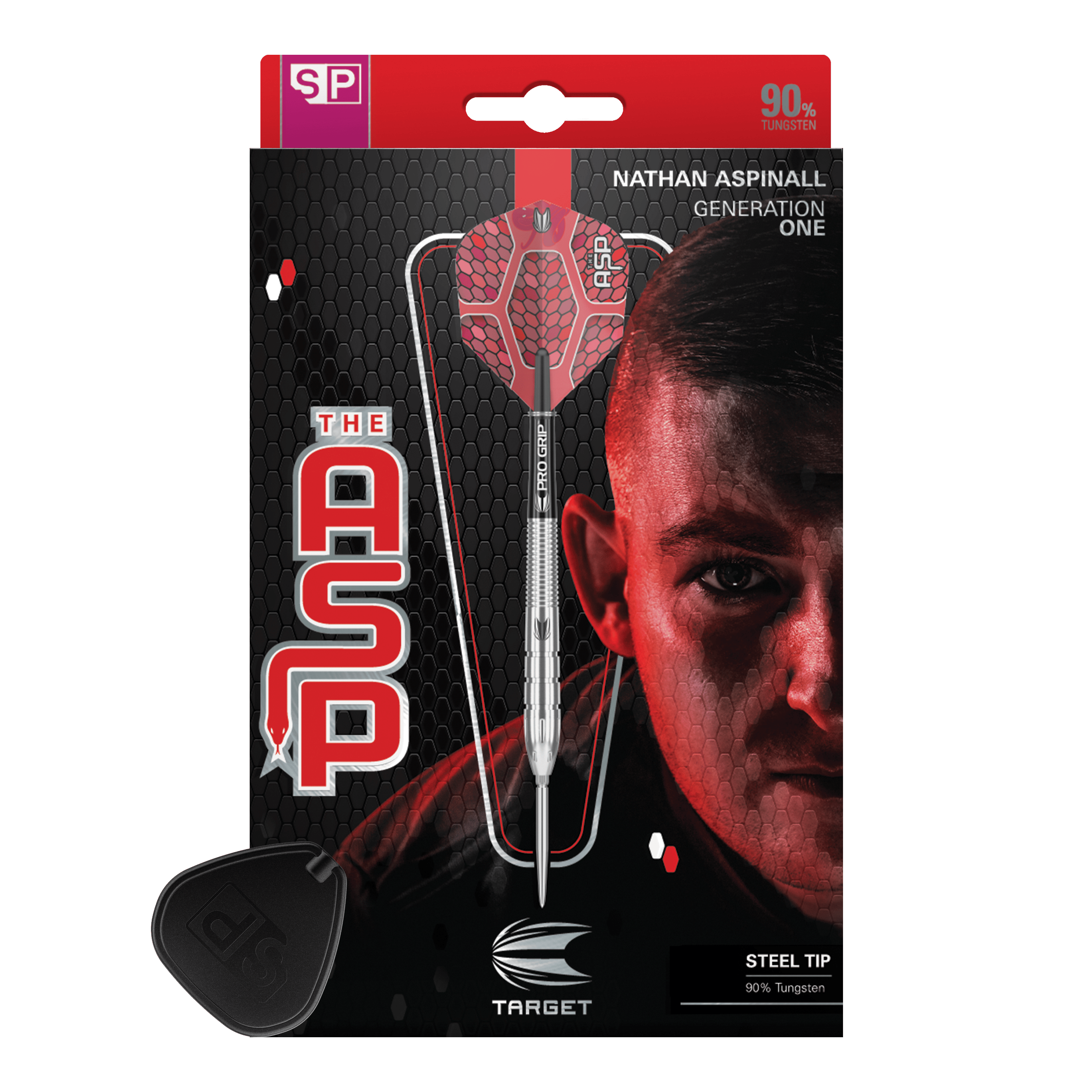 Target Nathan Aspinall GEN1 Swiss Point steel darts Das Bild zeigt die Verpackung der "Target Nathan Aspinall GEN1 Swiss Point Steeldarts". Auf der Verpackung ist ein Steeldart sowie das Porträt eines Mannes abgebildet.