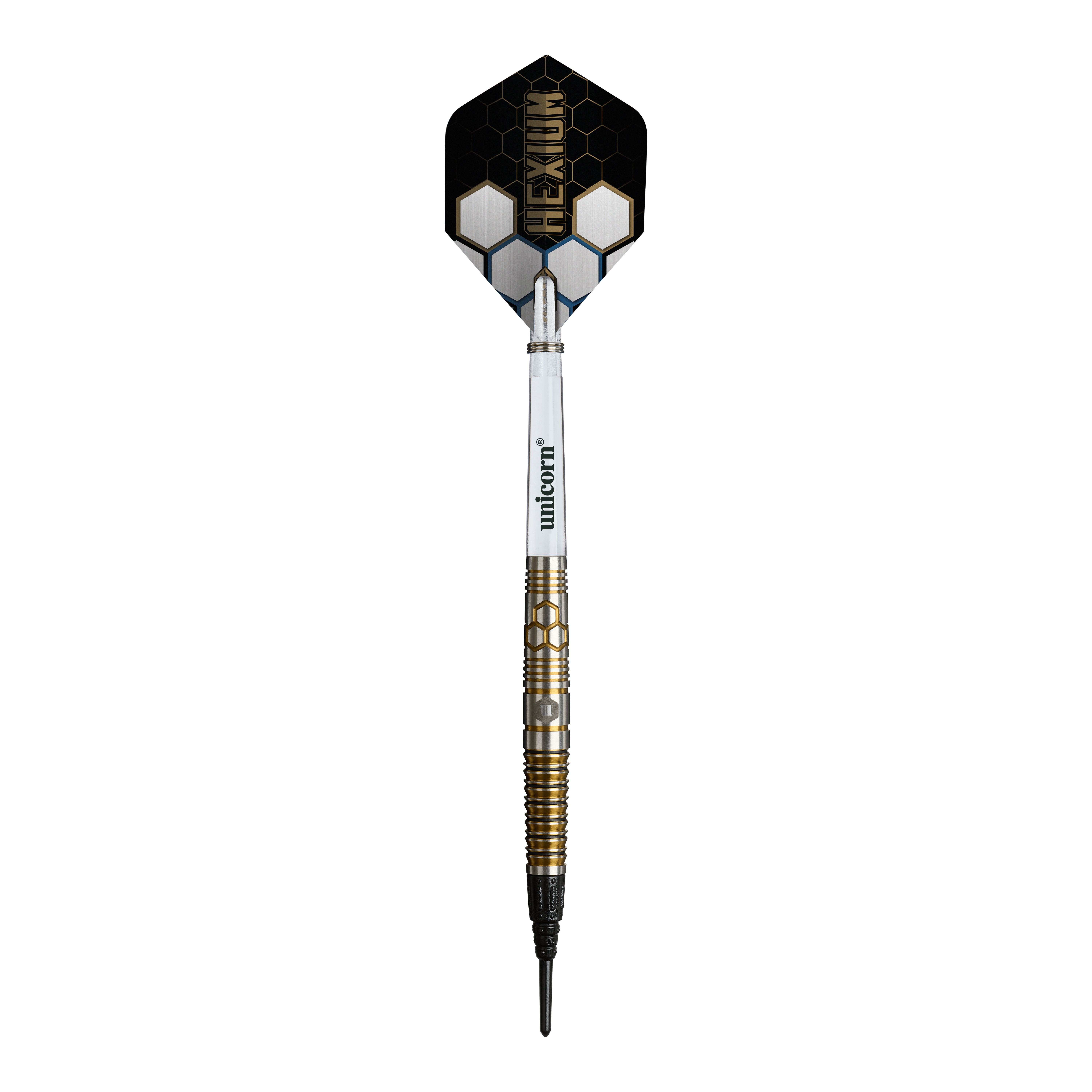 Das Bild zeigt die Unicorn Hexium Style 03 Gold & Black Softdarts mit 23g Gewicht. Die Darts sind in den Farben Gold und Schwarz gestaltet.