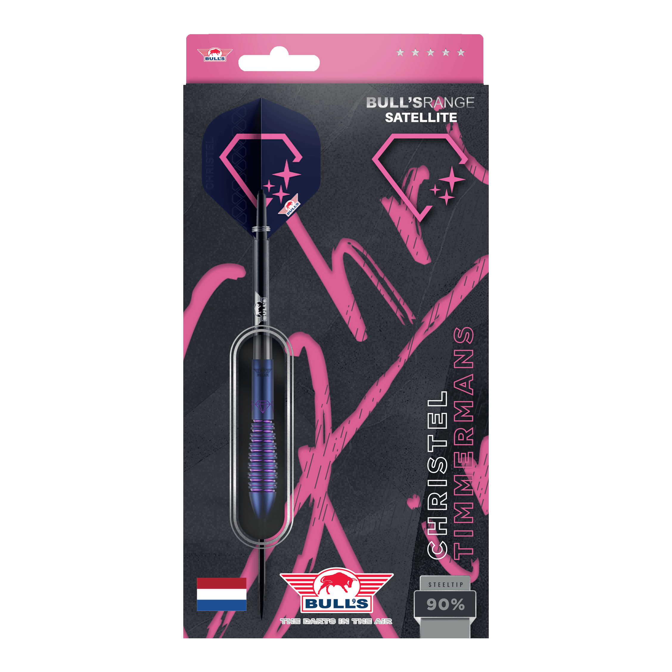 Die Bulls NL Christel Timmermans Satellite 90 Steeldarts 25g sind auf dem Bild abgebildet. Es handelt sich um hochwertige Steeldarts für Präzision und Leistung.