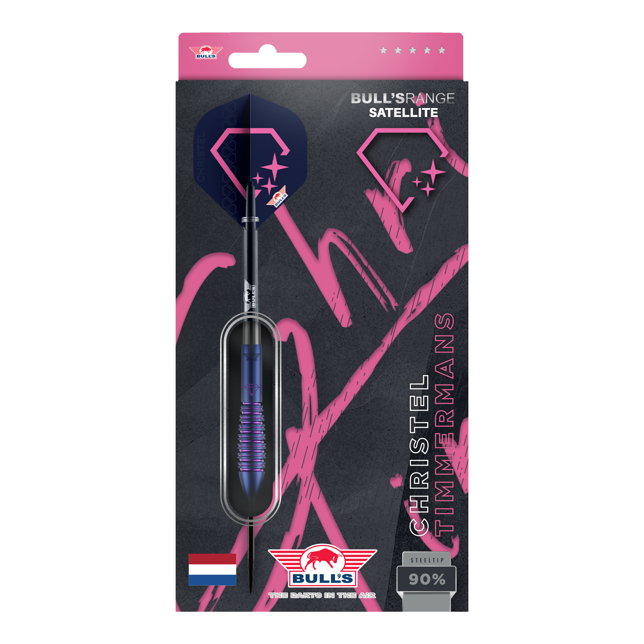 Bulls NL Christel Timmermans Satellite 90 steel darts 25g Die Bulls NL Christel Timmermans Satellite 90 Steeldarts 25g sind auf dem Bild abgebildet. Es handelt sich um hochwertige Steeldarts für Präzision und Leistung.