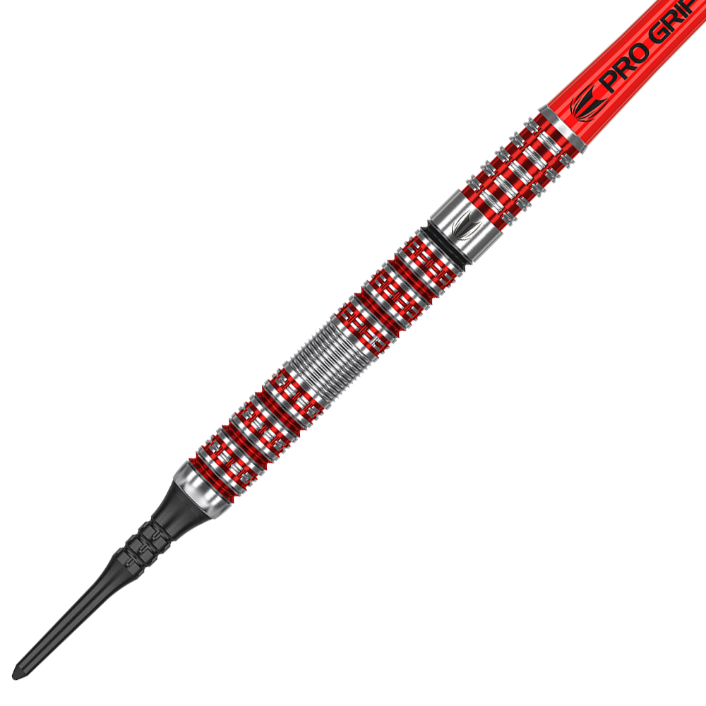 210094_Target_Hema_10_Softdarts_2 Das Bild zeigt einen Target Hema 10 Softdart. Der Dart hat ein silbernes und rotes Design mit einem schwarzen Softdart-Spitze.