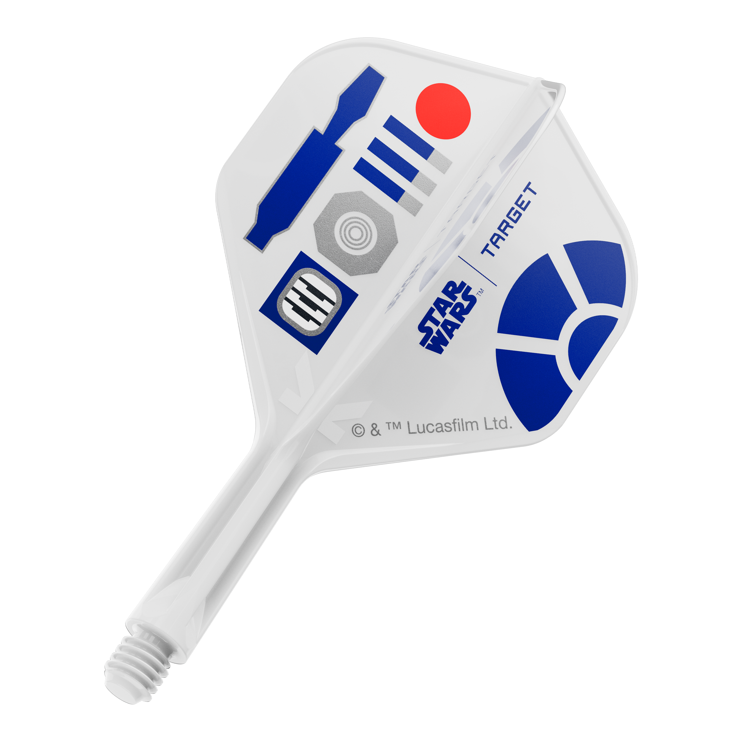Dieses Bild ist einem Produkt mit dem Dateinamen 410513_Target_StarWars_KFlex_R2D2_No2_Standard_Flights_Short_19mm_1 zugeordnet. Es handelt sich wahrscheinlich um einen kurzen Dart-Flight im Star Wars R2D2 Look.