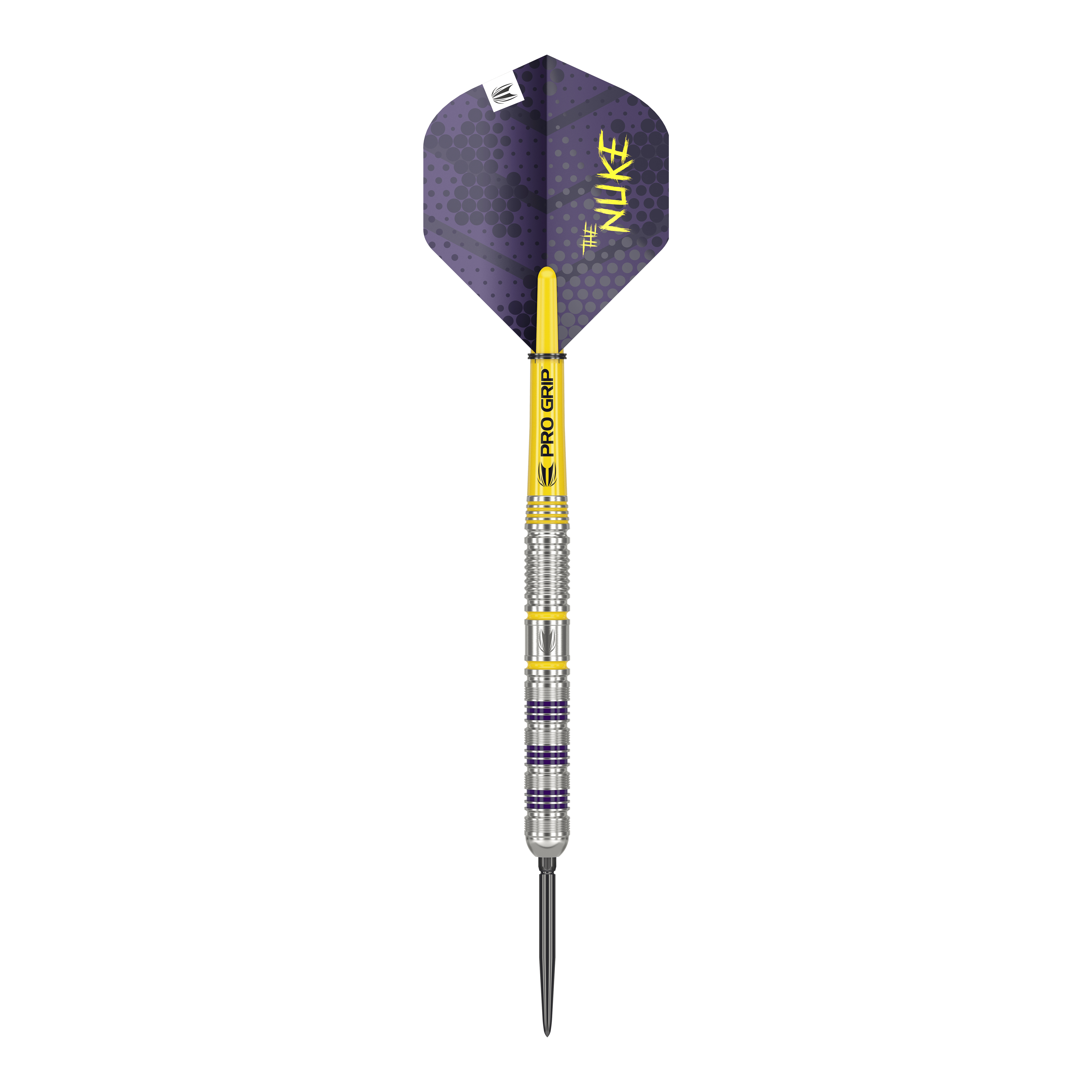 Target Luke Littler Loadout Swiss Point Steel Darts Das Bild zeigt einen Steeldart mit der Aufschrift "THE NUKE" auf dem Flight. Der Dart hat einen gelben Schaft mit "PRO GRIP" und ein silbernes Barrel mit lila Akzenten.