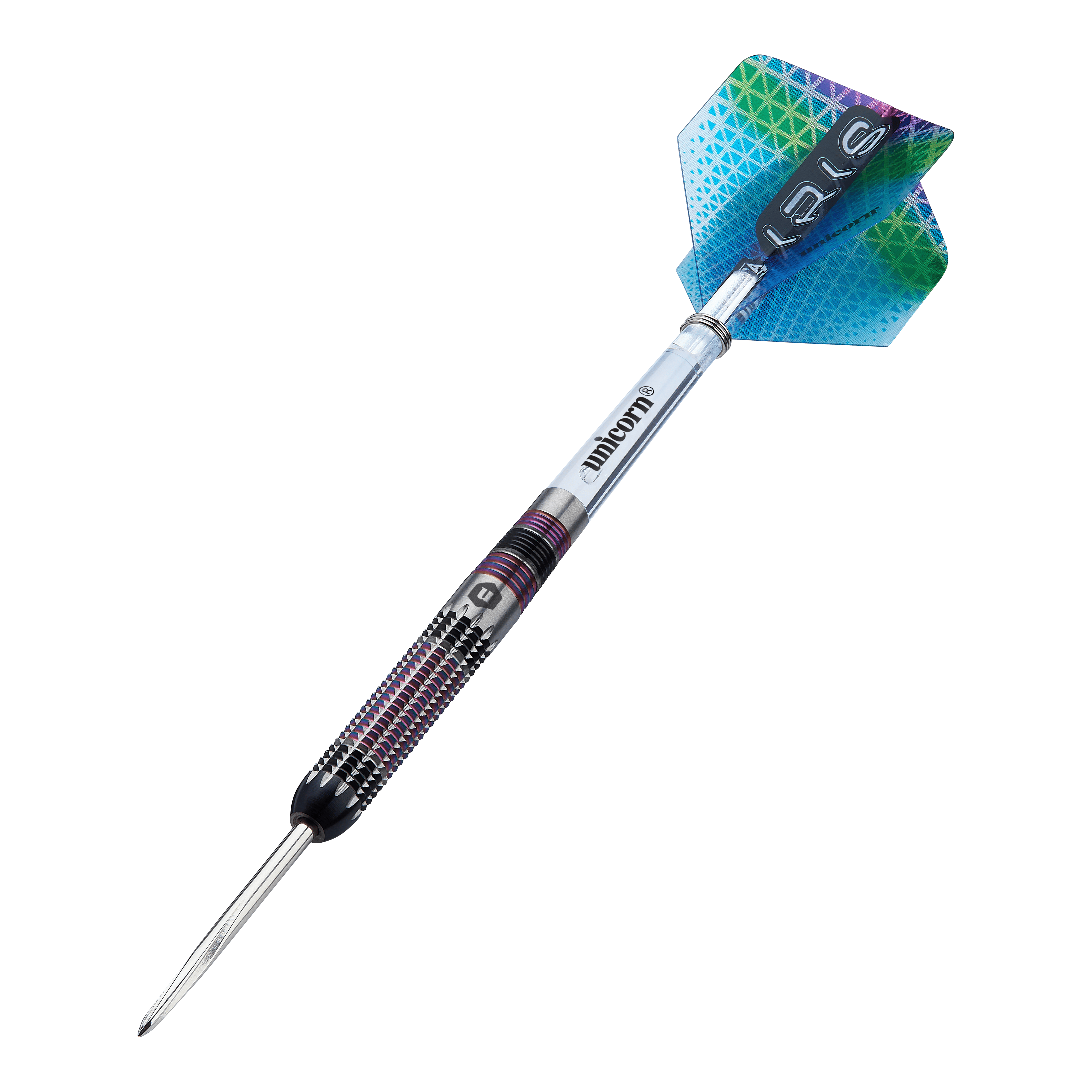 Unicorn Iris Steeldarts Unicorn Iris Steeldarts sind als Set abgebildet. Die Darts haben eine auffällige Form.