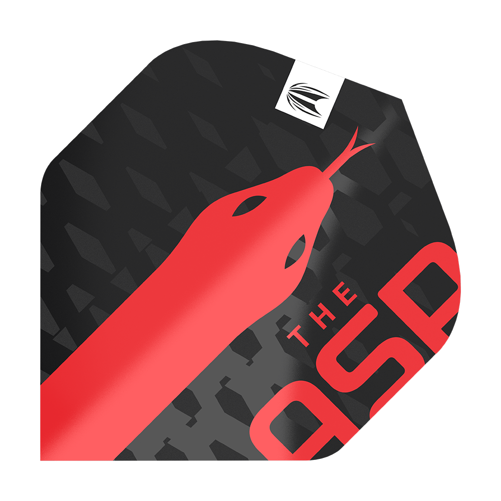 Target Pro Ultra Nathan Aspinall No2 Standard Flights - 3 sets Das Bild zeigt ein Dartflight-Design mit einem roten Schlangenmotiv auf schwarzem Hintergrund. In einer Ecke steht der Text "THE ASP" in roten Buchstaben.