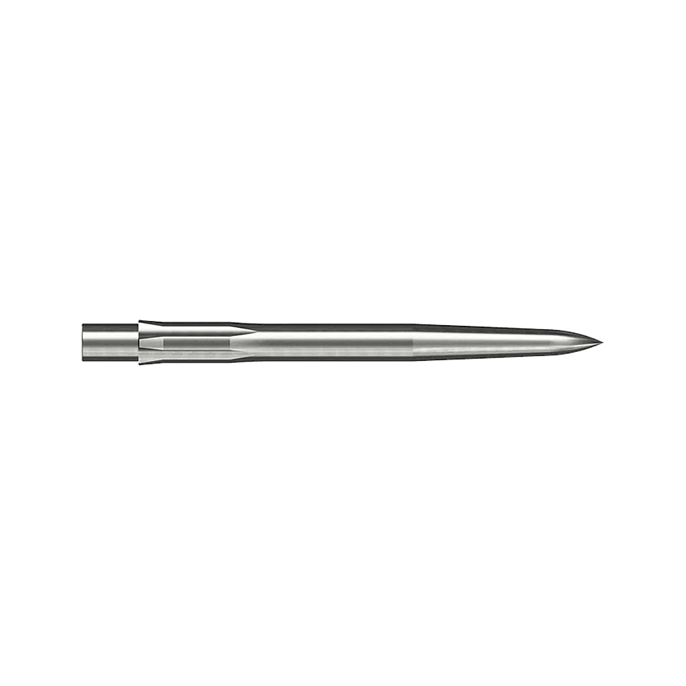 Caliburn System Steel Dart Tips - Smooth - Silver Auf dem Bild ist eine glatte, silberne Stahlspitze für ein Dart zu sehen. Sie ist lang und schmal und misst 28 mm.