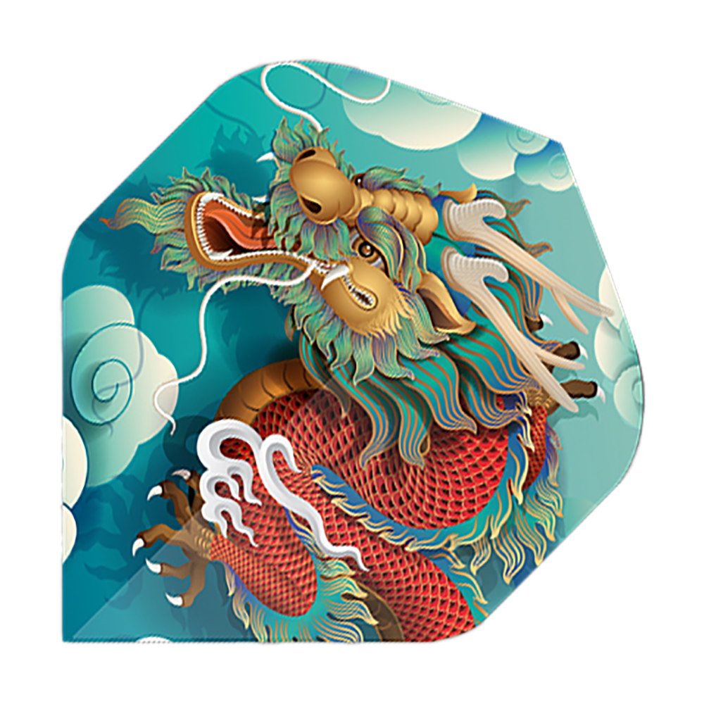 Pentathlon Flights Dragon Das Bild zeigt ein Dart-Flight mit einem bunten Drachenmotiv auf blauem Hintergrund. Es handelt sich um das Produkt "Pentathlon Dragon 5 Standard Flights".