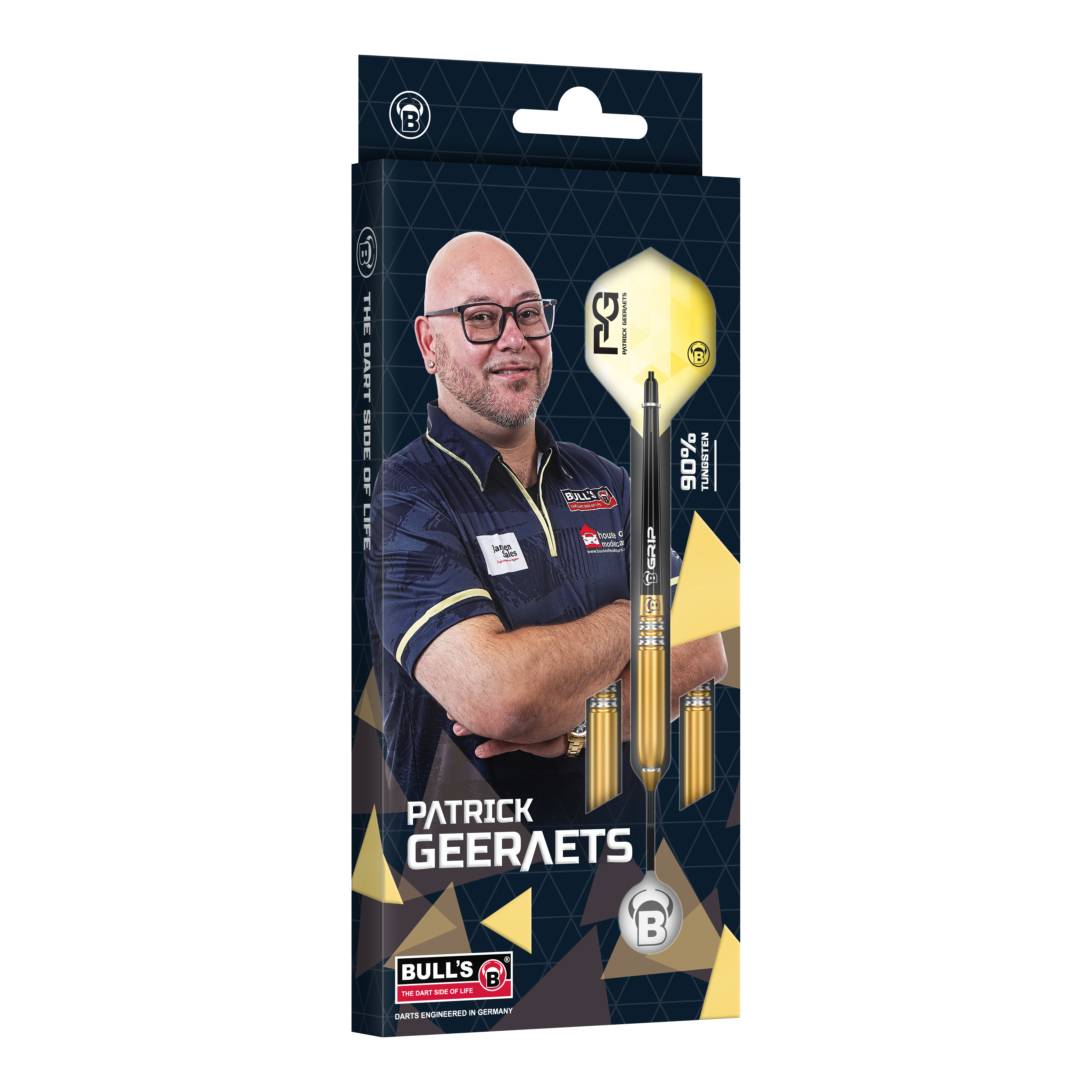 Bulls Patrick Geeraets Steeldarts - 23g Auf dem Bild ist die Verpackung der "Bulls Patrick Geeraets Steeldarts - 23g" zu sehen. Auf der Vorderseite ist ein Foto von Patrick Geeraets sowie ein abgebildarter Dartpfeil.