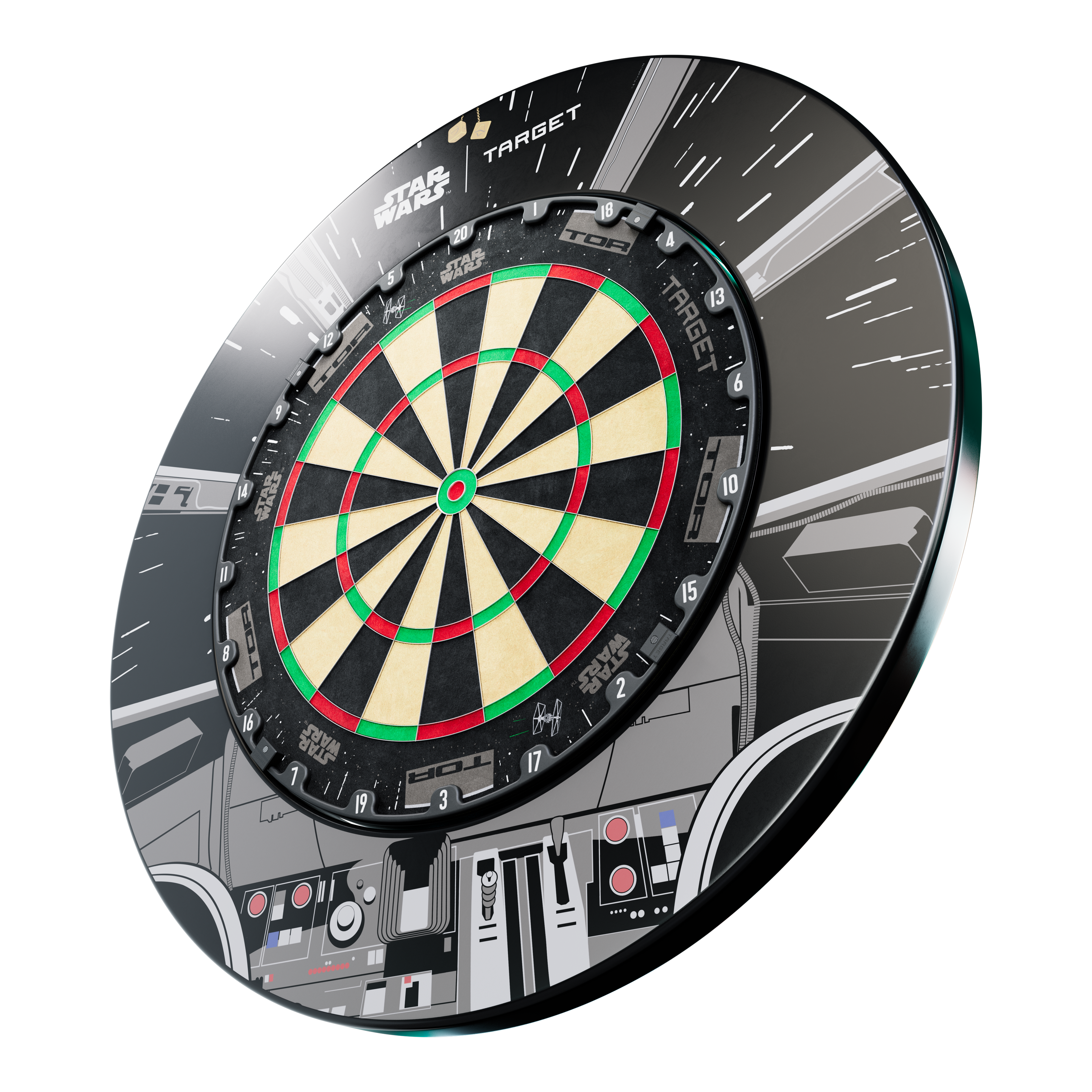 Abgebildet ist das Target Star Wars Millennium Falcon Surround Board Bundle. Dieses Bundle bietet Zubehör für Dartboards im Star Wars Design.