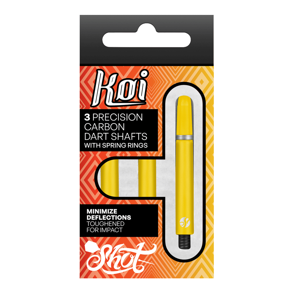 Shot Koi Carbon Shafts - Yellow Das Bild zeigt eine Packung mit drei gelben Präzisions-Carbon-Dartschäften der Marke Koi. Die Verpackung betont, dass die Schäfte mit Federringen ausgestattet sind und dazu dienen, Ablenkungen zu minimieren.