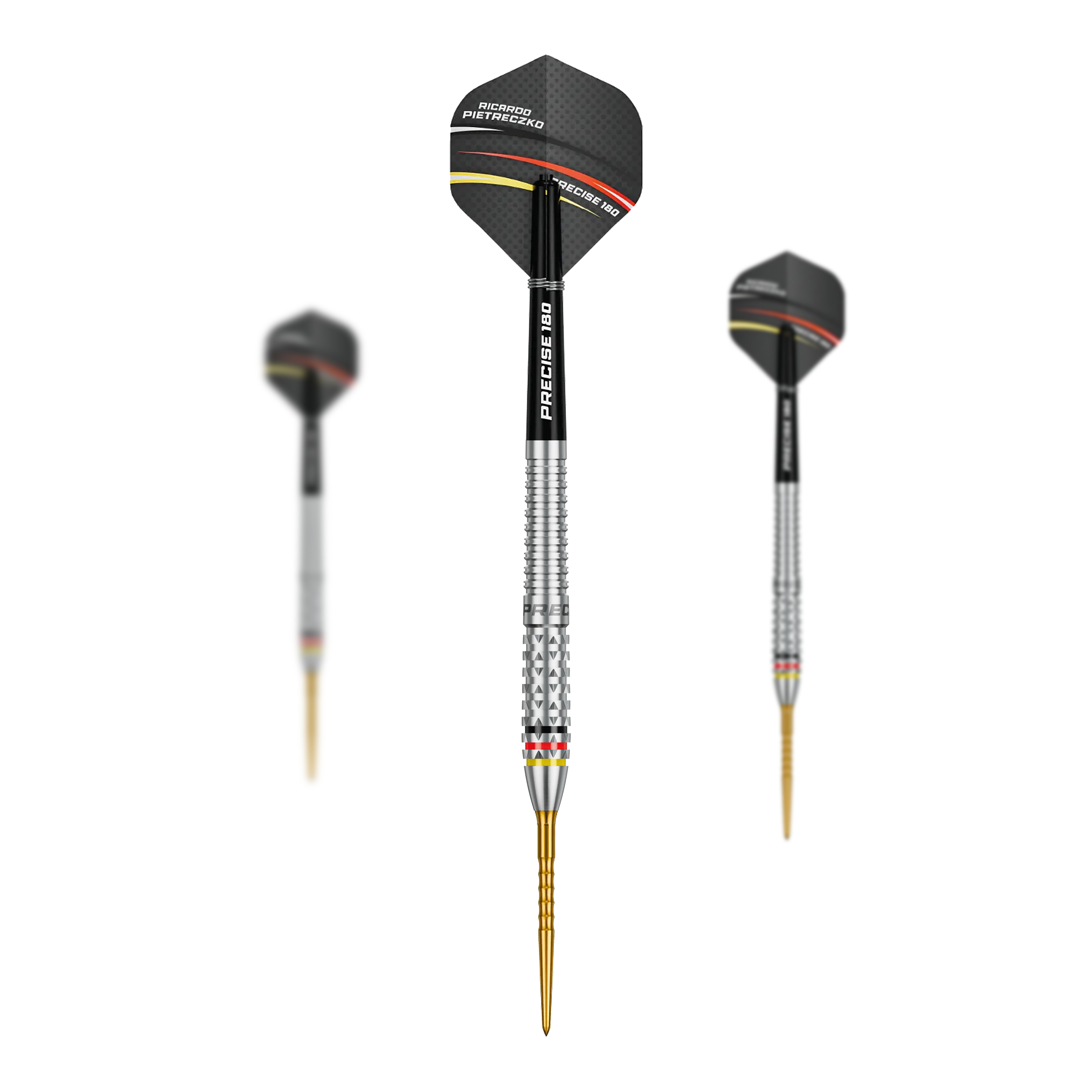 Precise 180 Ricardo Pietreczko GEN1 steel darts Das Bild zeigt ein Set der Precise 180 Ricardo Pietreczko GEN1 Steeldarts. Enthält mehrere Steeldarts für Wettkämpfe oder Training.