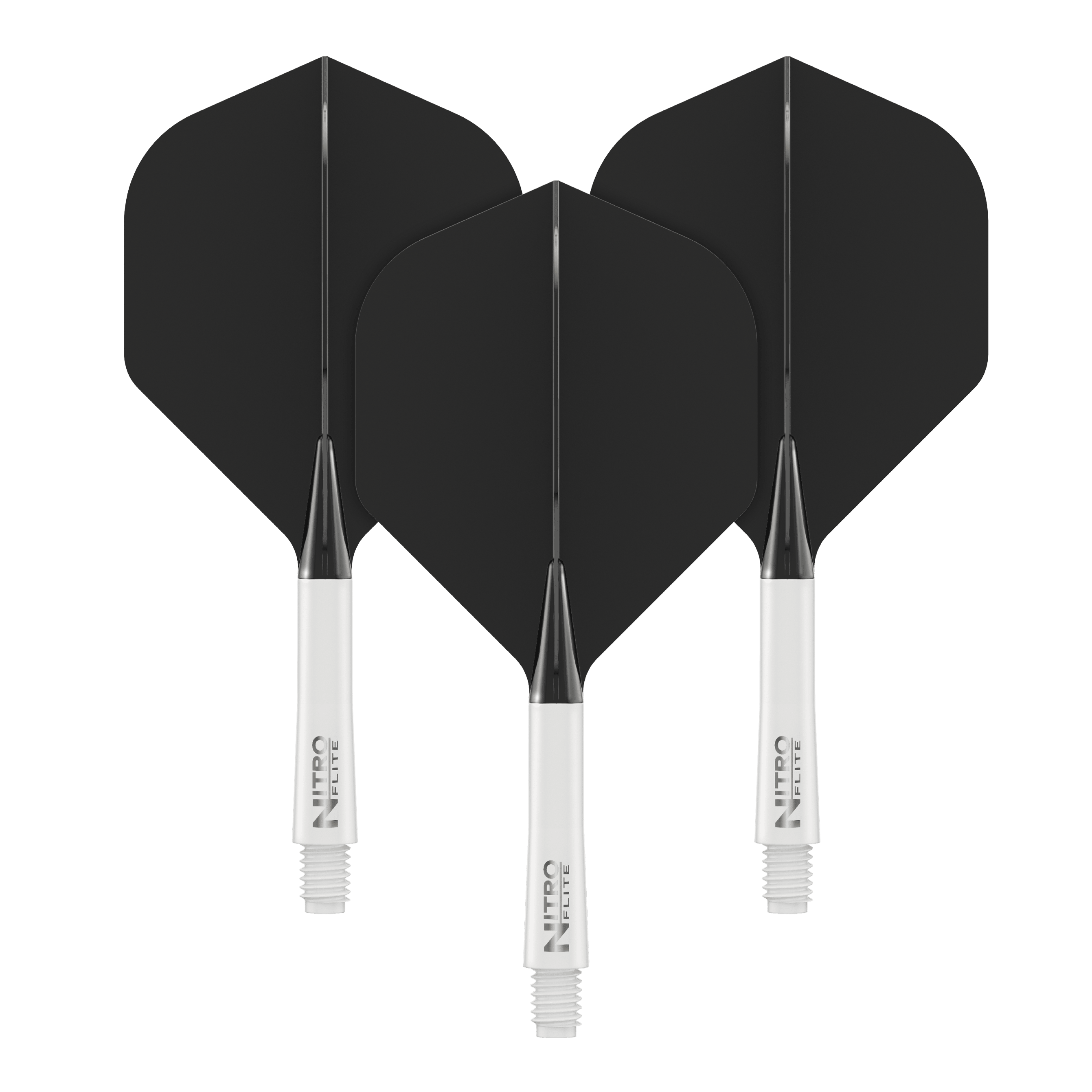 Red Dragon Nitroflite - White Shaft Black No2 Flights Auf dem Bild sind drei schwarze Dartflights mit weißen Shafts zu sehen. Sie stehen nebeneinander und zeigen das gleiche Design.