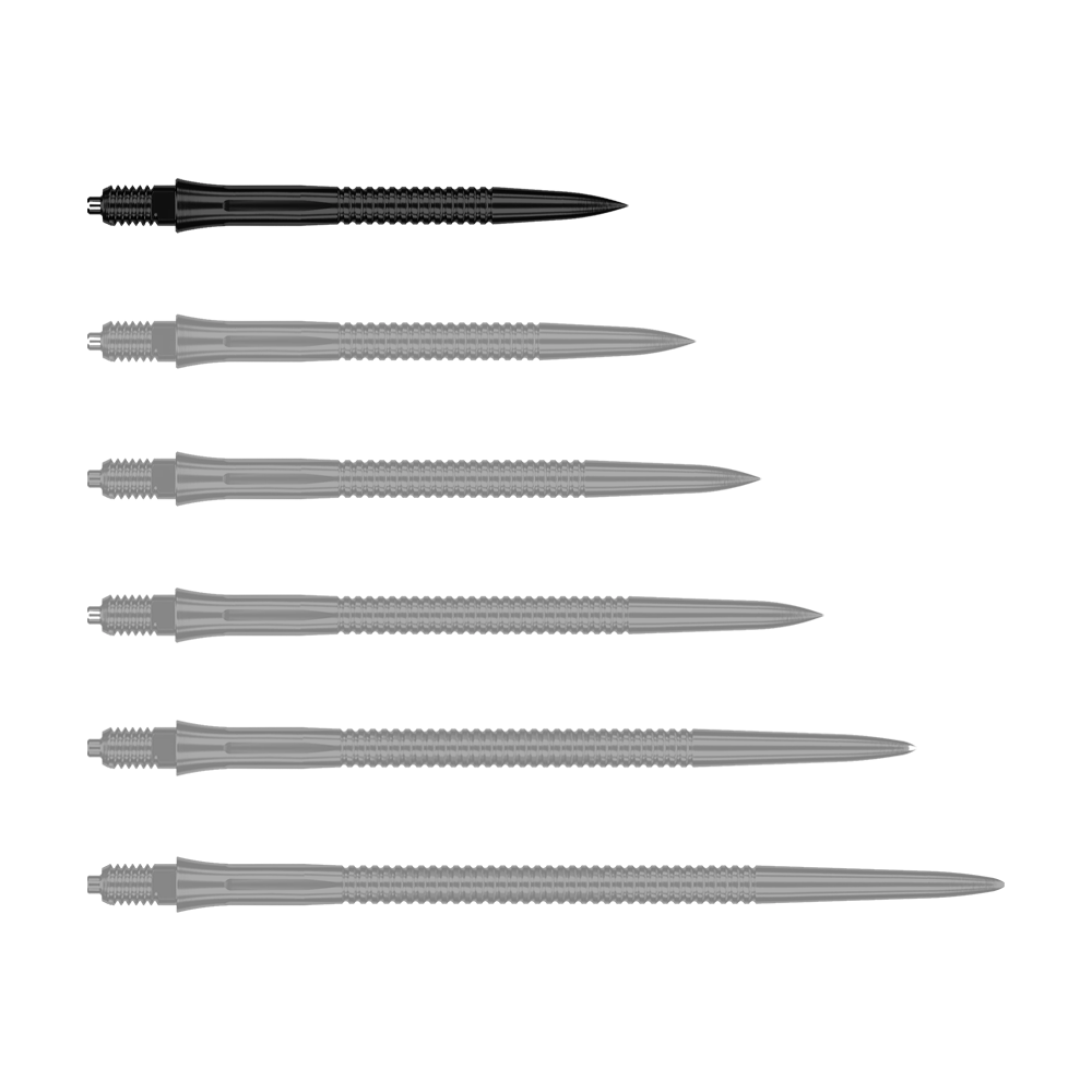 Caliburn EZ-EVO Dart Tips - Grooved - Black Hier sieht man eine weitere EVO201 Caliburn EZ-EVO Dartspitze mit Rillen in Schwarz und einer Länge von 28 mm. Die Spitze ist speziell für Dartspieler geeignet.