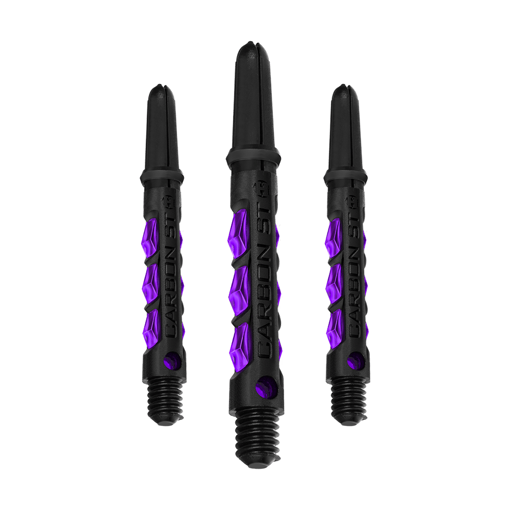 HR426_Harrows_Carbon_ST_Shafts_Lila_40mm_1fc2LyOmLsFmz8 Auf dem Bild sind drei Harrows Carbon ST Shafts in der Farbe Lila zu sehen. Die Dartschäfte bestehen aus schwarzem Material mit auffälligen, lilafarbenen Akzenten.