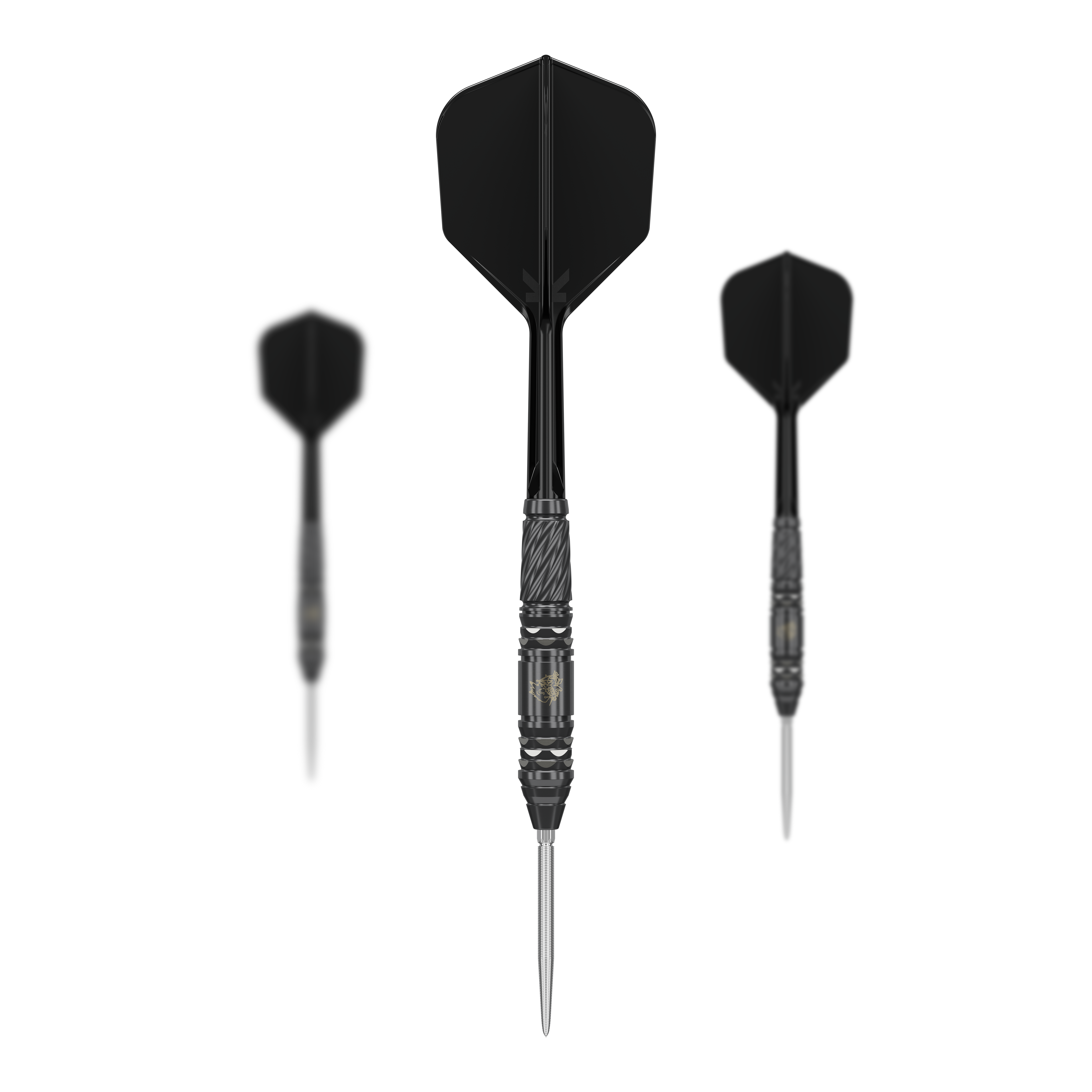 Target Japan Black Marque Dragon GEN2 Swiss Point Steel Darts Das Bild zeigt drei schwarze Steeldarts aus der Serie "Target Japan Black Marque Dragon GEN2 Swiss Point". Die Dartpfeile bestehen aus einem schwarzen Shaft, schwarzen Flights und einer silbernen Spitze.