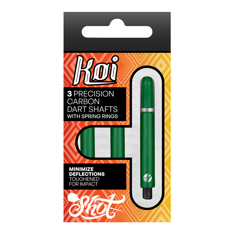 Auf dem Bild ist eine Verpackung mit drei grünen Präzisions-Carbon-Dartshafts von Koi zu sehen. Die Verpackung betont, dass die Shafts mit Federringen ausgestattet sind und speziell gehärtet wurden, um Abpraller zu minimieren.