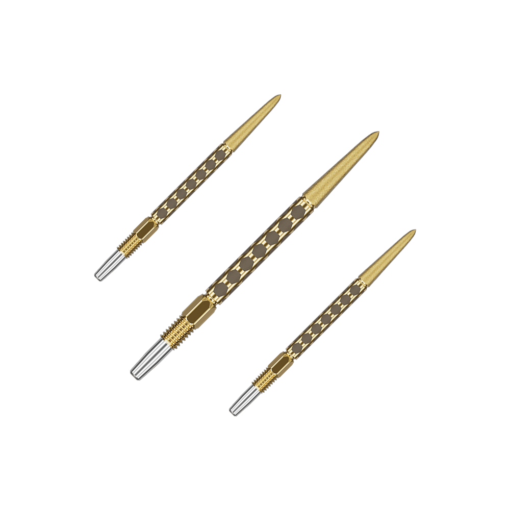 Target Swiss FLT Point Dart Tips - Gold Mehrere kurze goldene Dartspitzen sind als Set nebeneinander angeordnet. Die Spitzen verlaufen parallel.