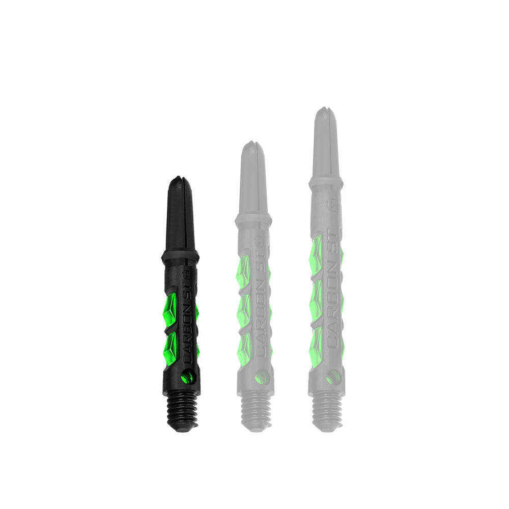 HR422_Harrows_Carbon_ST_Shafts_Gr-n_33mm_1KJ16d1w2pPpA4 Das Bild zeigt drei Harrows Carbon ST Shafts in der Farbe Grün. Die Shafts sind jeweils in unterschiedlichen Längen angeordnet.