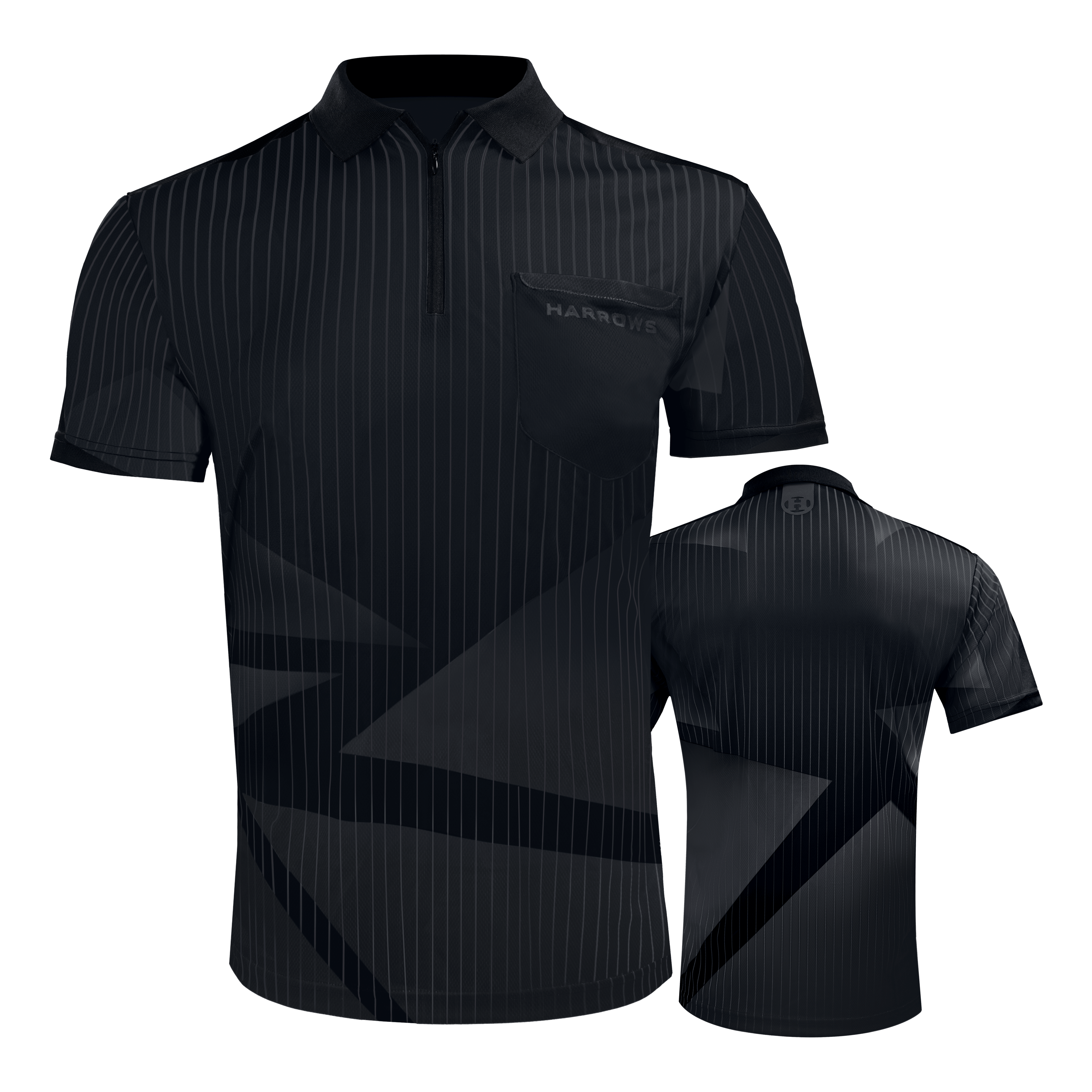 Harrows Shard Dartshirt - Schwarz Das Bild zeigt das "Harrows Shard Dartshirt - Schwarz" mit kurzen Ärmeln und dezentem Streifendesign. Auf der Brust befindet sich eine kleine Tasche mit dem Harrows-Logo.