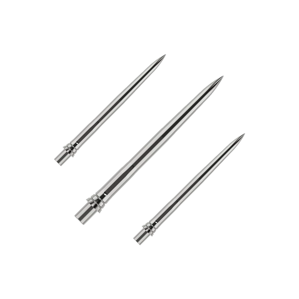 Das Bild zeigt silberne Dartspitzen mit einer glatten Oberfläche, wahrscheinlich aus Metall. Die Dartspitzen sind 28mm lang und werden als Set präsentiert.