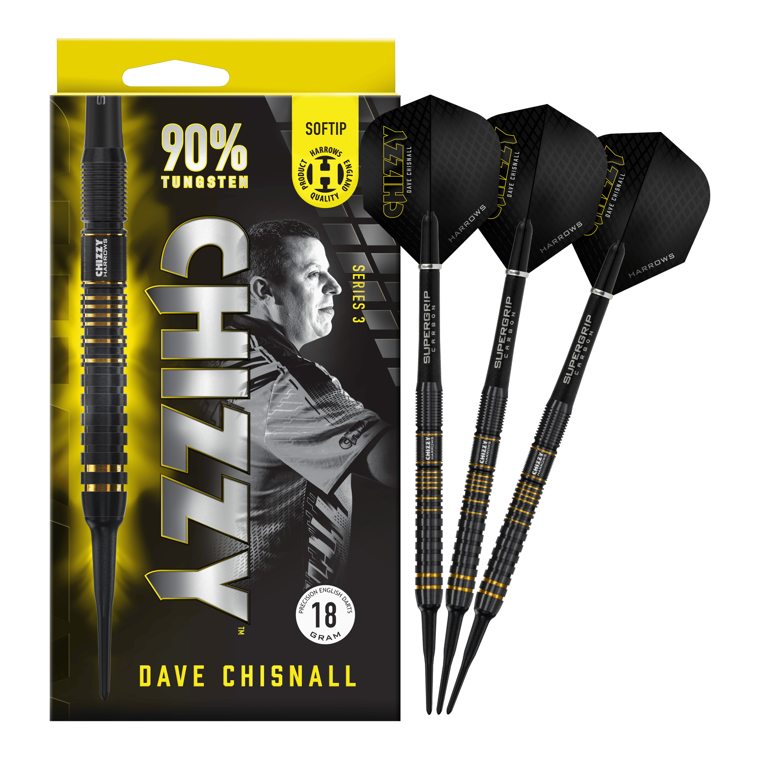 Harrow's Dave Chisnall Chizzy Series 3 soft darts Das Bild zeigt eine Packung der "Harrows Dave Chisnall Chizzy Series 3 Softdarts" mit drei schwarzen Softdarts daneben. Auf der Verpackung steht, dass die Darts zu 90% aus Tungsten bestehen und 18 Gramm wiegen.