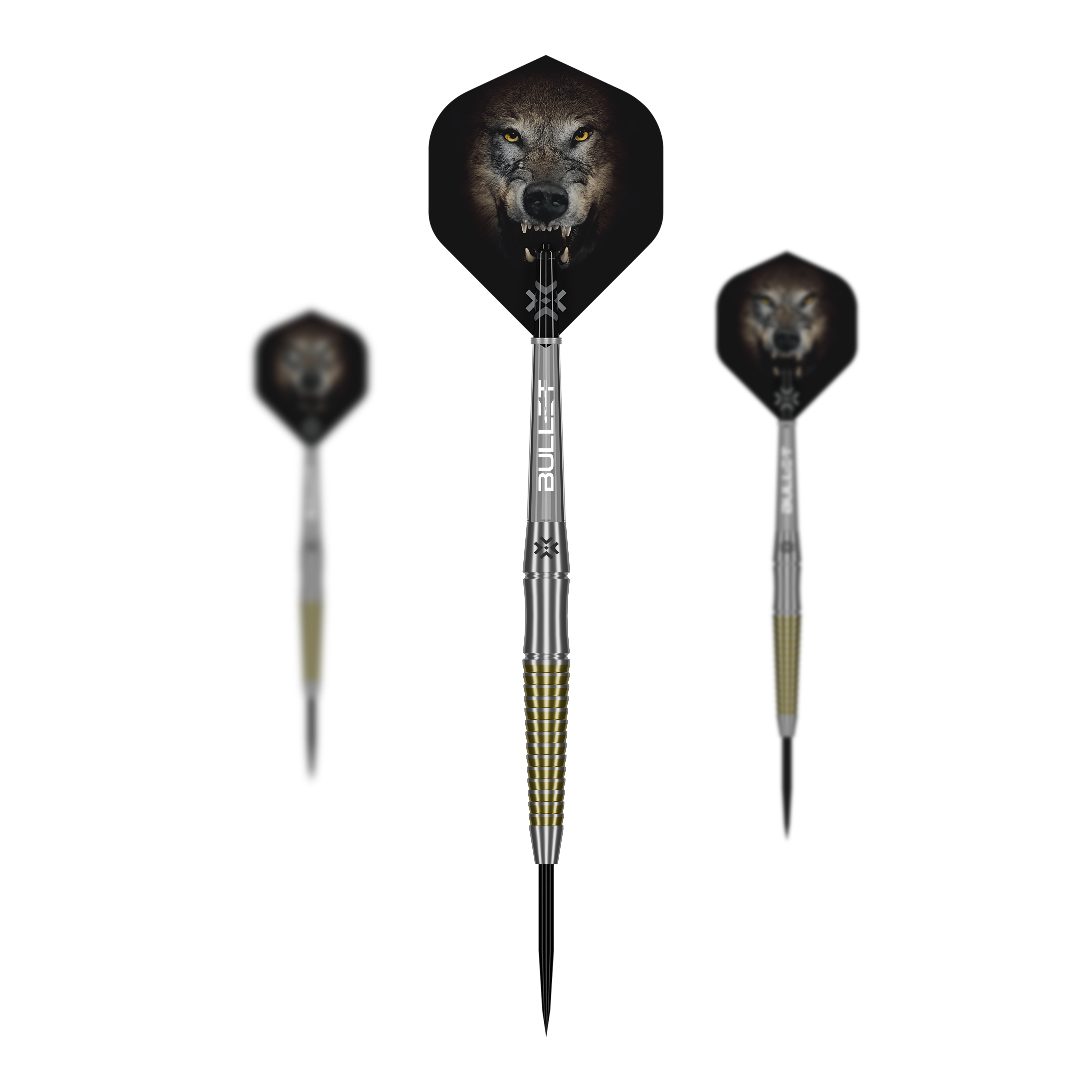 Bullet Fang steel darts Das Bild präsentiert ein Set der Bullet Fang Steeldarts. Mehrere Darts sind als Set zusammen abgebildet.