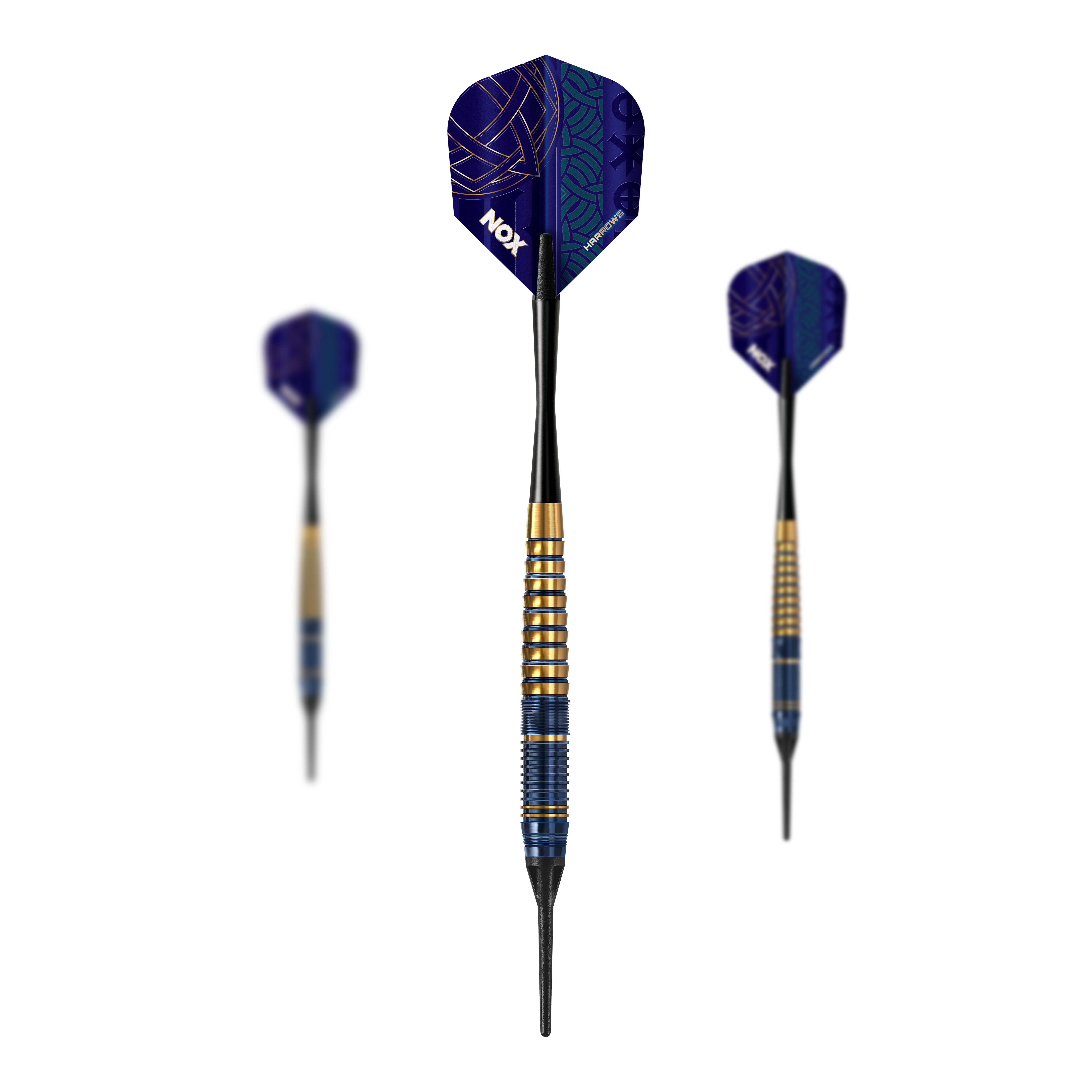 Hier sind die Harrows Nox Premium Brass Softdarts abgebildet. Diese Pfeile sind für Softdart geeignet und bieten gute Qualität.