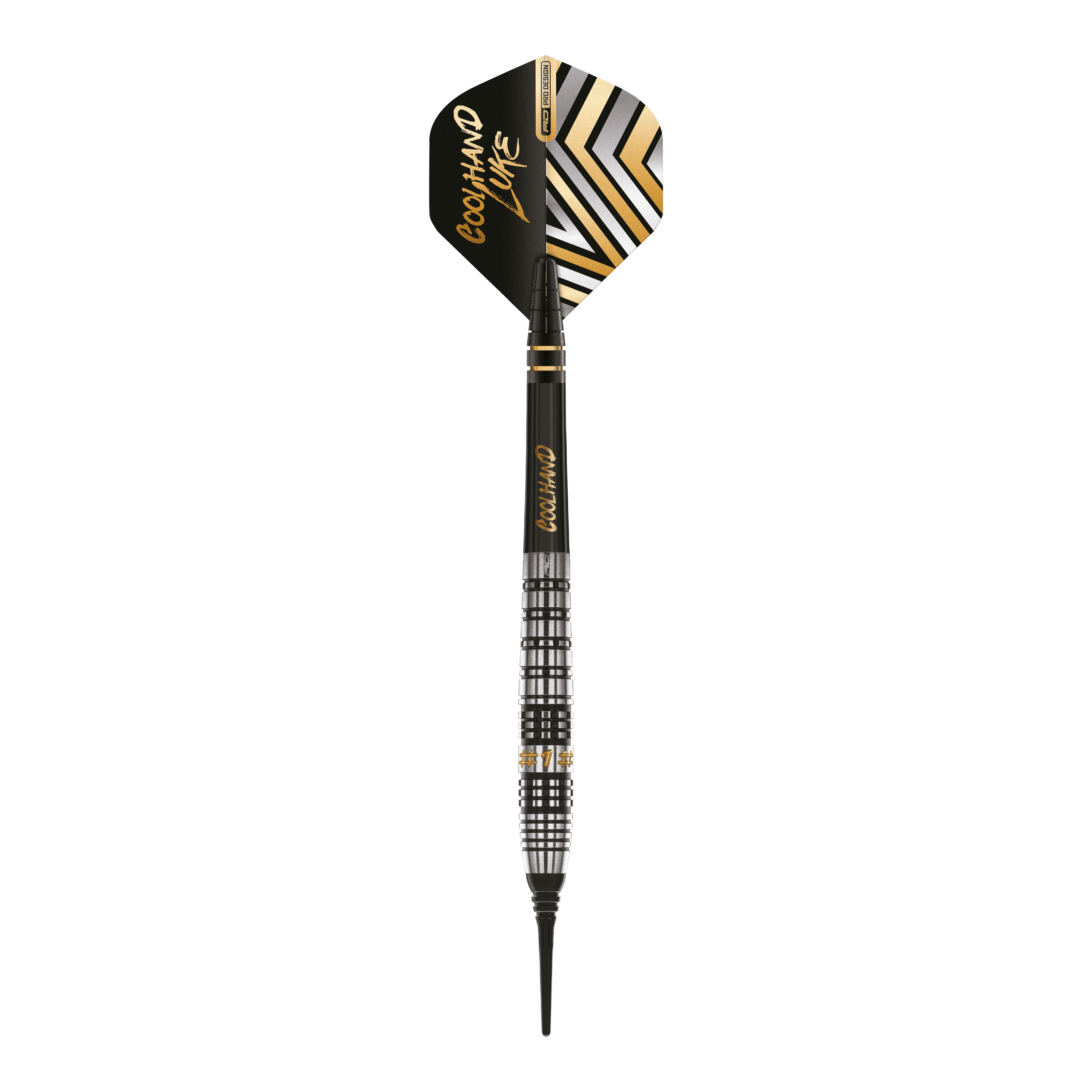 Red Dragon Luke Humphries Prestige Soft Darts - 20g Das Bild zeigt einen Red Dragon Luke Humphries Prestige Softdart mit einem Gewicht von 20g. Der Dart hat ein modernes schwarzes und silbernes Design mit goldenen Akzenten und der Aufschrift "COOL HAND LUKE" auf dem Flight.