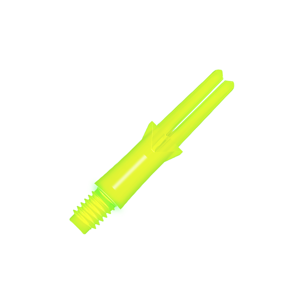 L-L-Style-Shafts Locked Straight - Neon Yellow Das Bild zeigt einen neongelben geraden Flightschaft für Dartpfeile. Der Schaft hat ein Schraubgewinde an einem Ende und eine offene Gabel am anderen Ende.