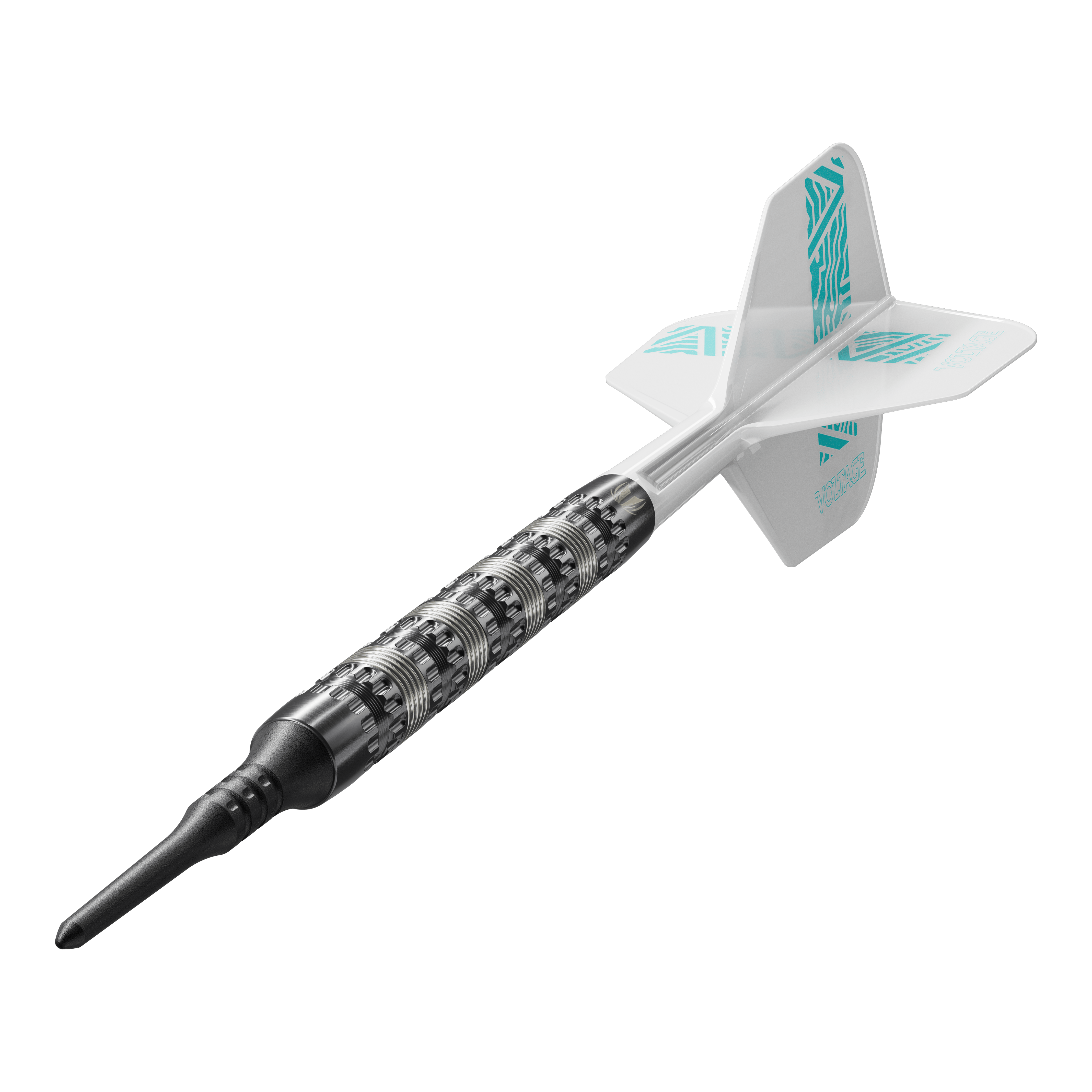 Target Rob Cross 95K Swiss Point Soft Darts - 18g Auf dem Bild ist ein Target Rob Cross 95K Swiss Point Softdart mit 18g zu sehen. Der Dart hat einen strukturierten silbernen Barrel, eine schwarze Spitze und weiße Flights mit türkisfarbenen Akzenten.