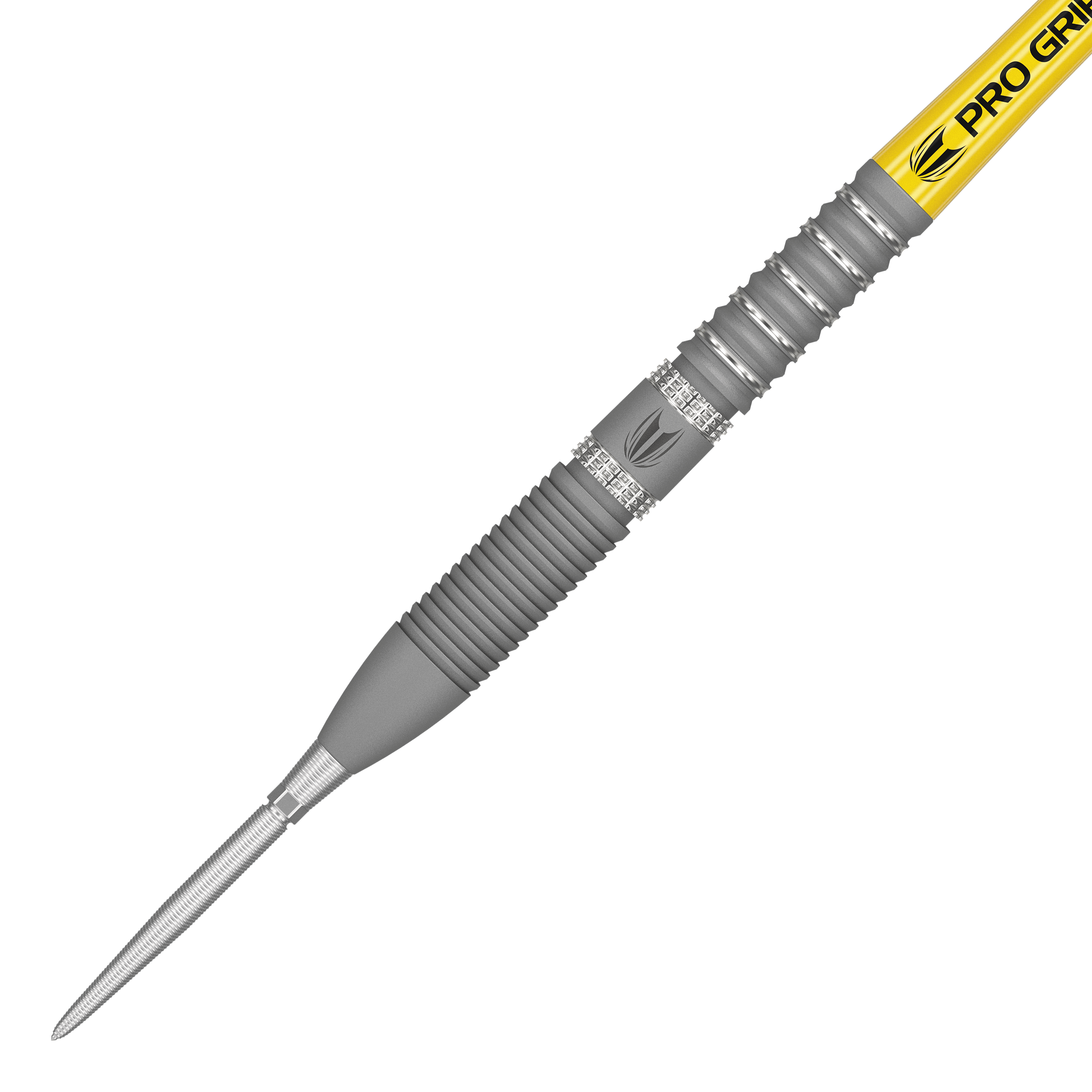 Target Gabriel Clemens GEN2 Swiss Point steel darts Das Bild zeigt den Target Gabriel Clemens GEN2 Swiss Point Steeldart. Der Dartpfeil hat eine silberne Spitze, einen geriffelten Griffbereich und einen gelben Schaft mit der Aufschrift „PRO GRIP“.