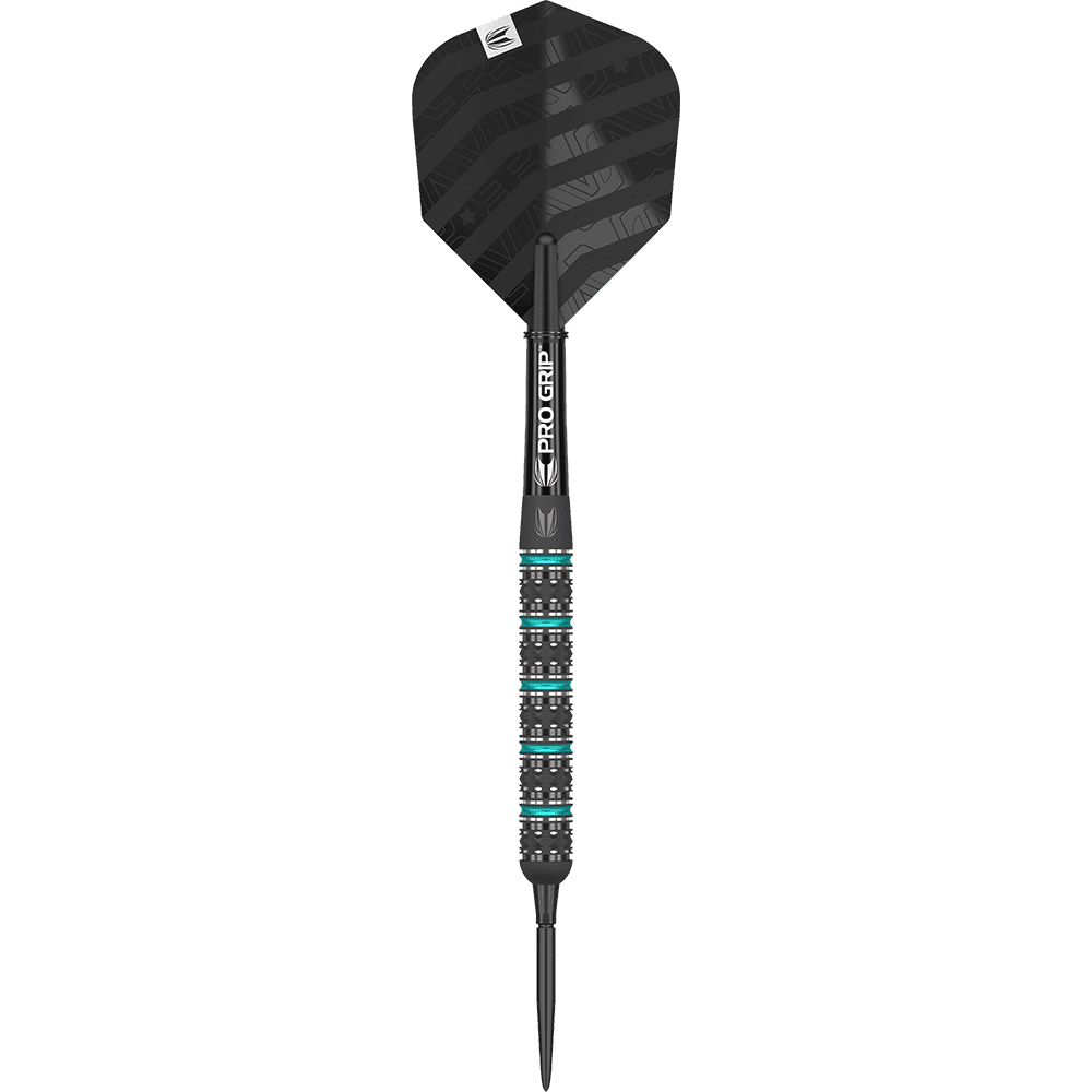 190209_Target_Rob_Cross_Black_Edition_2023_Swiss_Point_Steeldarts_17JmjrF73rsYSe Das Bild zeigt einen schwarzen Steeldart mit einem strukturierten Griff und türkisfarbenen Akzenten. Auf dem Schaft steht "PRO GRIP" und die Flights sind ebenfalls in Schwarz gehalten.