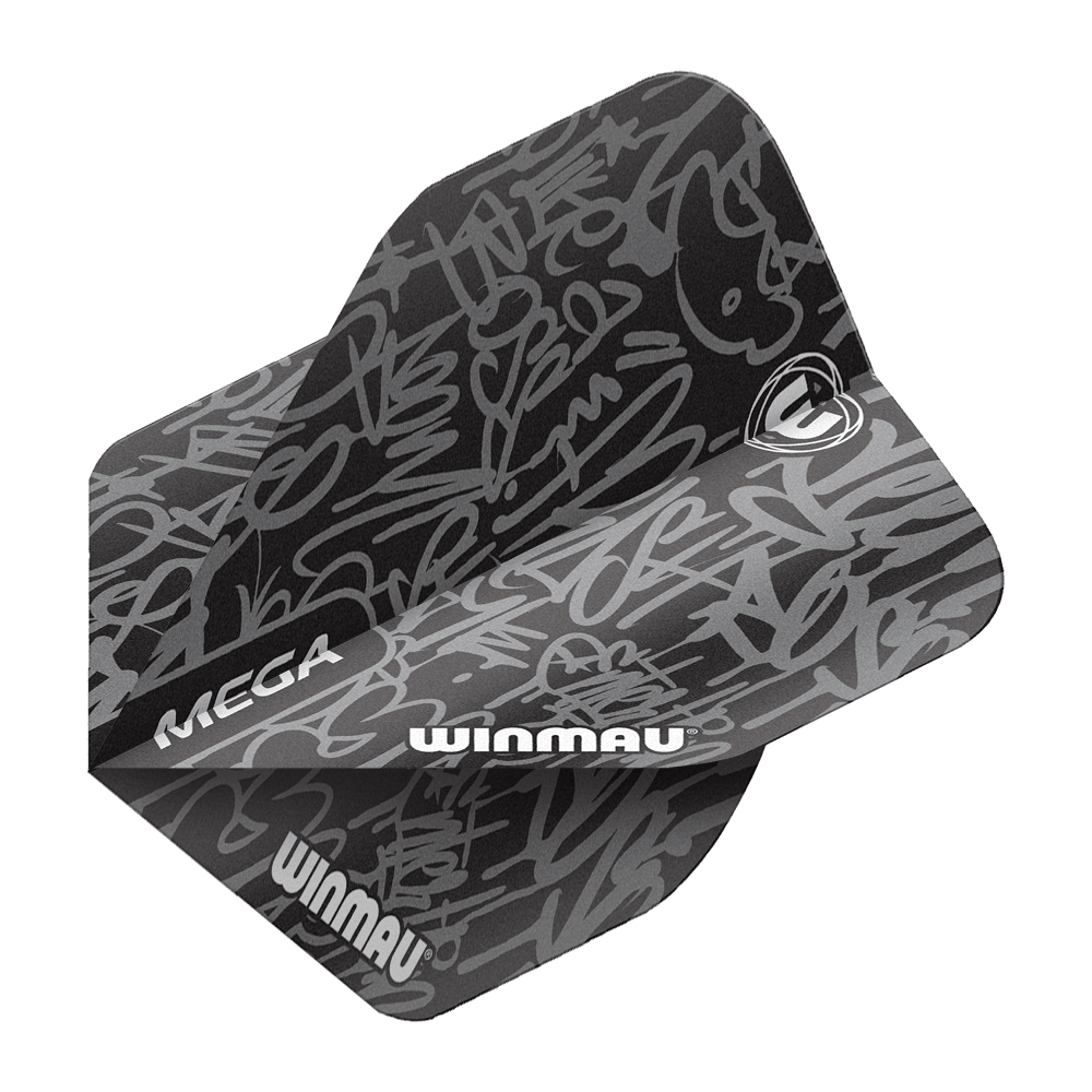 6900-244_Winmau_Mega_Black_Standard_Flights_2 Das Bild zeigt das Produkt "Winmau Mega Black Standard Flights". Die Flights sind schwarz mit grauen, grafischen Mustern und dem Winmau-Logo bedruckt.