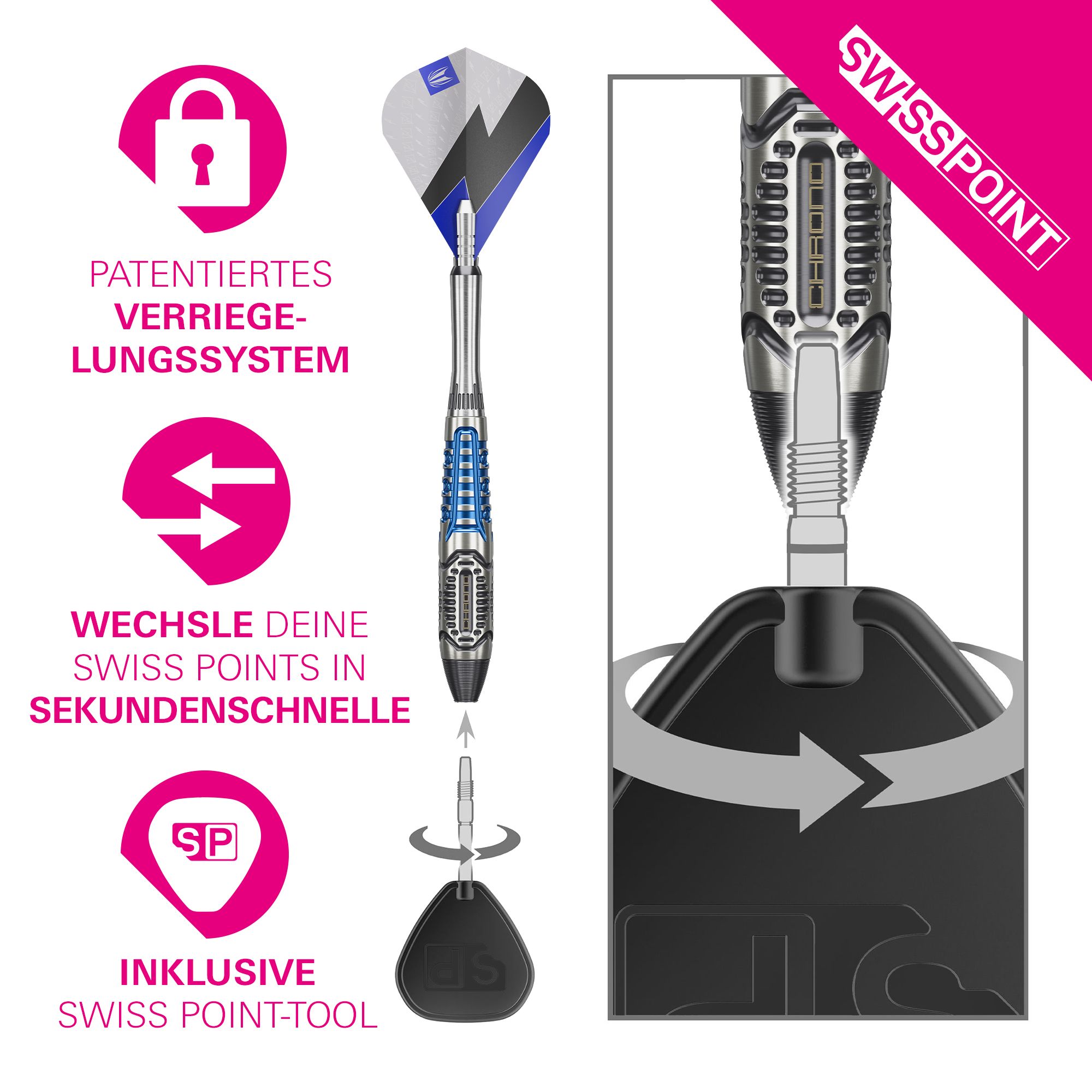 Target Phil Taylor Power X Chrono Swiss Points steel darts Die Abbildung zeigt die Target Phil Taylor Power X Chrono Swiss Points Steeldarts. Es handelt sich um hochwertige Steeldarts für präzises Dartspielen.