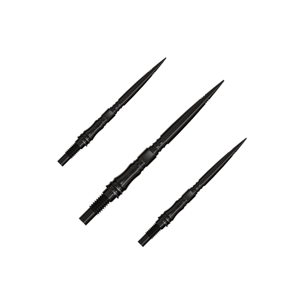 Harrows Quick Point Apex Axis Elite Series Dartspitzen - Schwarz Apex Axis Black Elite Series Dartspitzen in 30mm werden gezeigt. Sie sind schwarz und technisch ausgeführt.