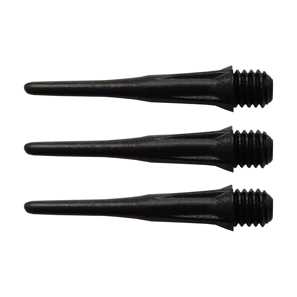 804801_Karella_Ultimo_Softdartspitzen_50Stk_im_Spitzenr-hrchen_Schwarz_1 Das Bild zeigt drei schwarze Softdartspitzen mit Gewinde. Es handelt sich um Karella Ultimo Softdartspitzen, die im 50er-Pack erhältlich sind.