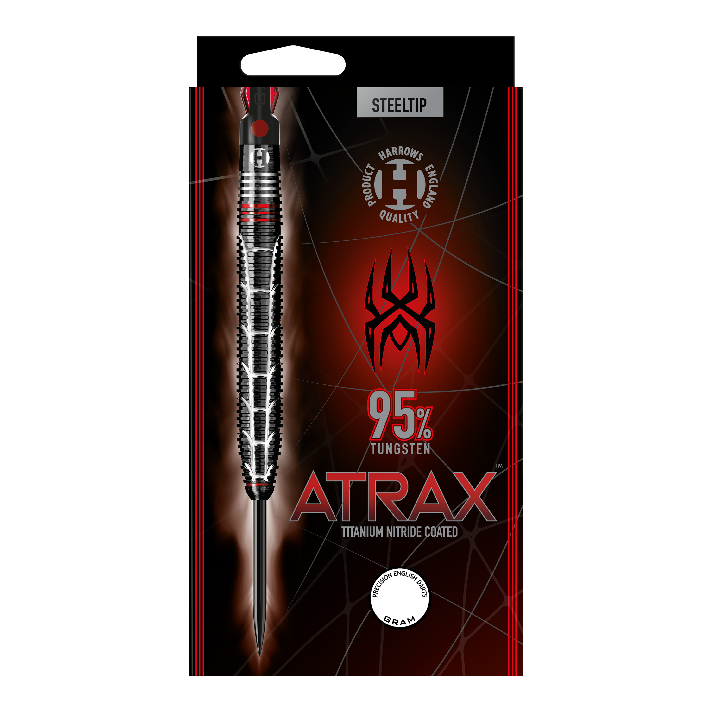 Harrows Atrax Steeldarts Auf dem Bild ist eine Verpackung für Steeldarts der Marke Harrows zu sehen. Die Darts bestehen zu 95% aus Tungsten und sind mit Titan-Nitrid beschichtet.