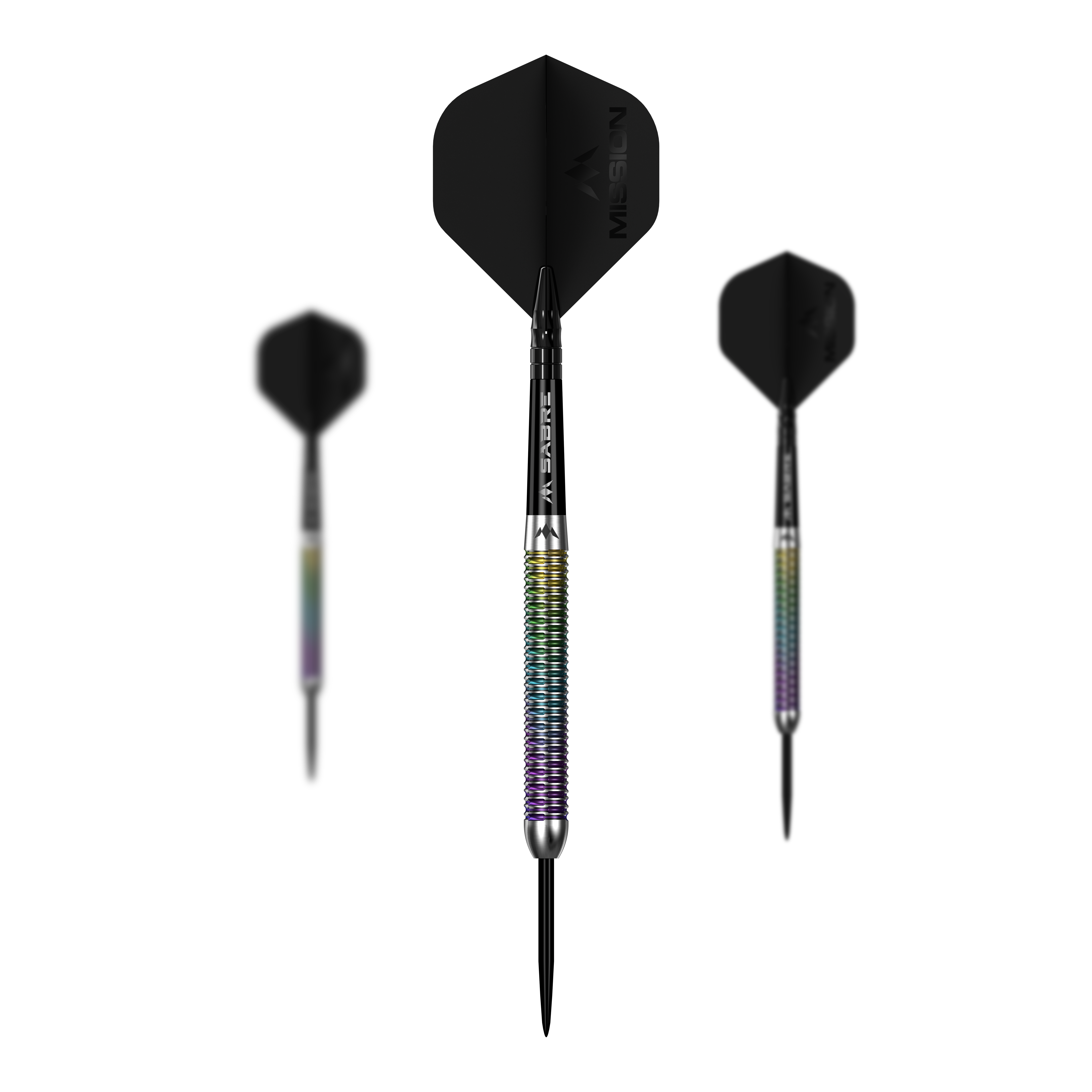 Mission Kaleidos Steeldarts Zu sehen ist ein Set der Mission Kaleidos Steeldarts. Mehrere Darts liegen nebeneinander aufgereiht.