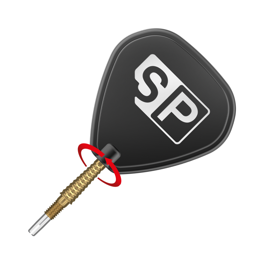Auf dem Bild ist eine Dartspitze mit einem goldenen Schaft zu sehen. Am schwarzen Flight steht groß „SP“ in weißen Buchstaben.