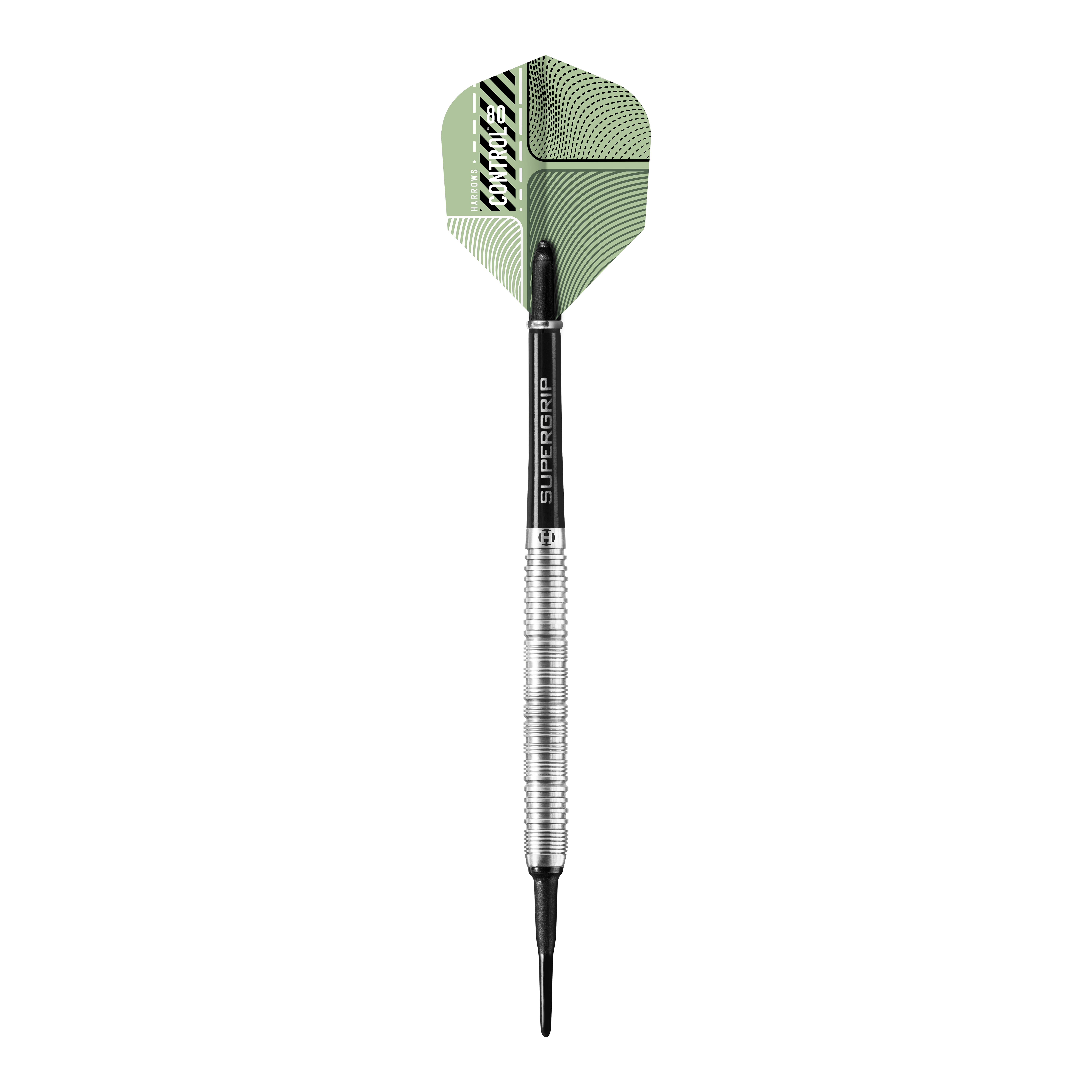 Harrows Control Parallel Softdarts Das Bild zeigt einen Harrows Control Parallel Softdart mit einem silbernen und schwarzen Schaft. Die Dartflügel sind grün gemustert und tragen das Markenlogo.
