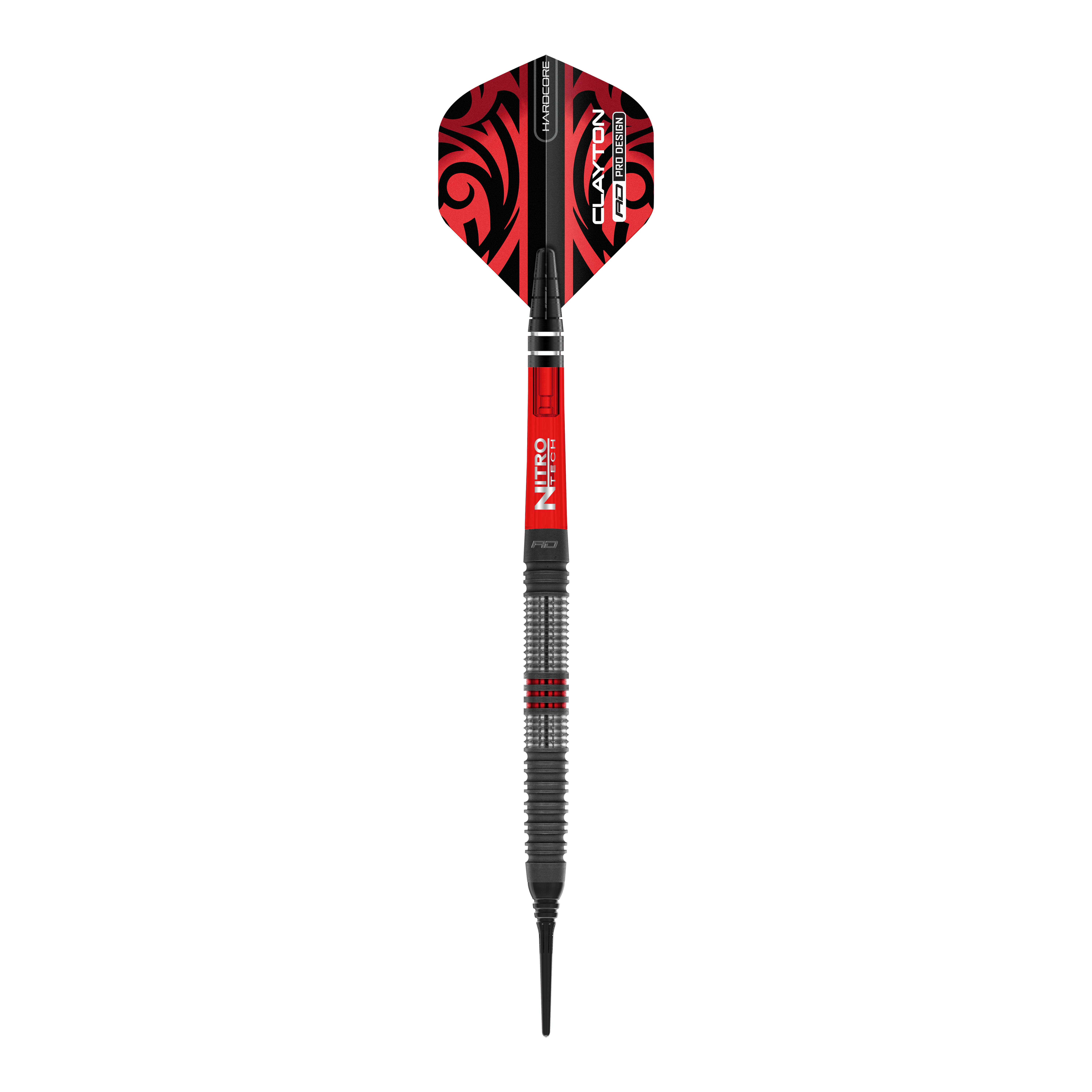 Red Dragon Jonny Clayton Hiraeth Soft Darts - 20g Das Bild zeigt einen Softdart der Marke Red Dragon, Modell "Jonny Clayton Hiraeth" mit einem Gewicht von 20 Gramm. Der Dart ist überwiegend in den Farben Rot und Schwarz gestaltet und hat ein auffälliges Muster auf dem Flight.