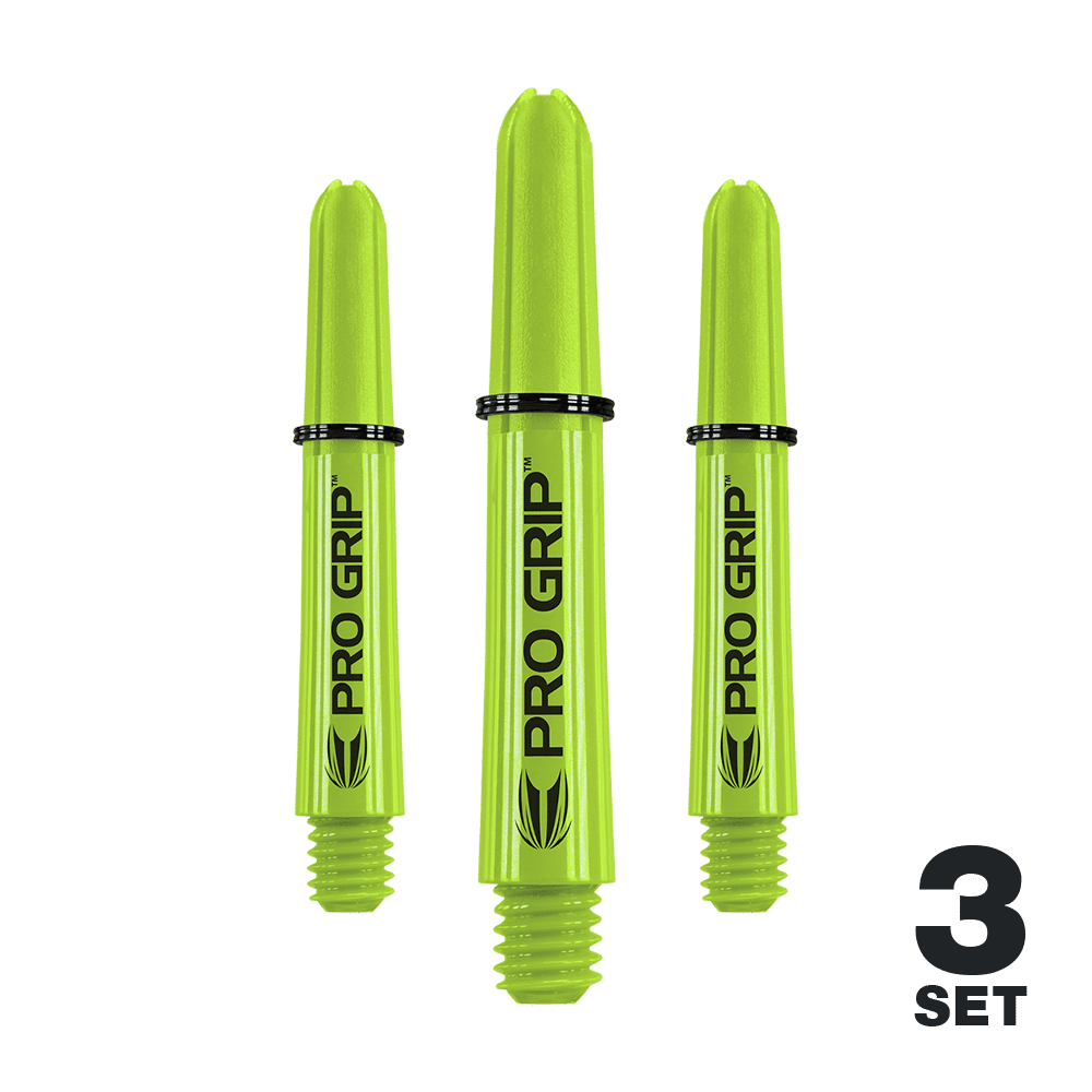 Target Pro Grip Shafts - 3 Sets - Lime Green Das Bild zeigt drei limegrüne Pro Grip Shafts für Dartpfeile. Unten rechts steht "3 Set", was anzeigt, dass es sich um ein Set mit drei Stück handelt.