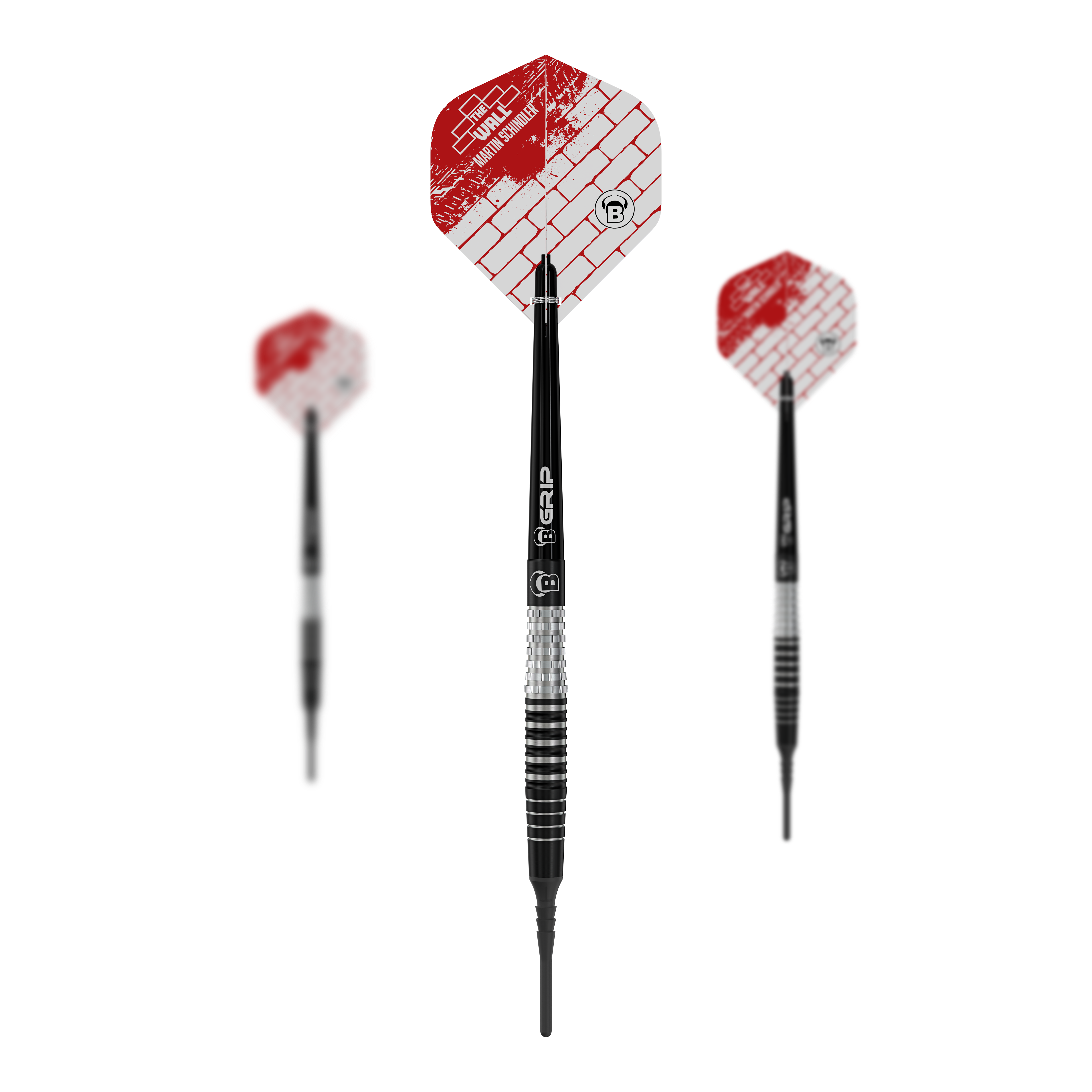 Bulls Martin Schindler Original Generation 3 soft darts Das Bild zeigt drei Softdarts des Modells „Bulls Martin Schindler Original Generation 3“. Die Darts haben schwarz-silberne Schäfte und rot-weiße Flights mit Ziegelmuster.