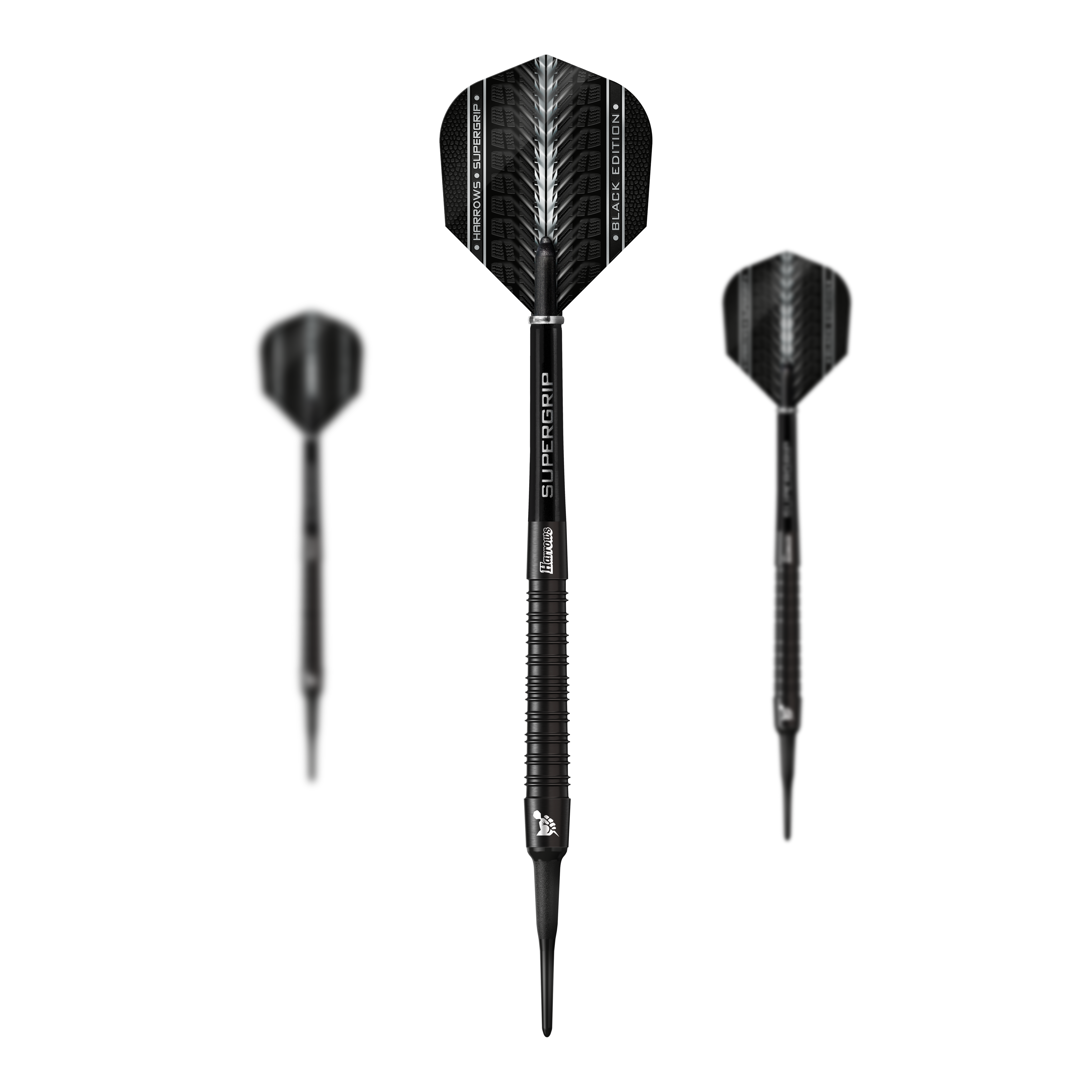 Harrows Supergrip Black Edition soft darts Das Bild zeigt drei Harrows Supergrip Black-Edition Softdarts in schwarzem Design. Die Darts haben schlanke Griffe und moderne Flights mit weißen Akzenten.